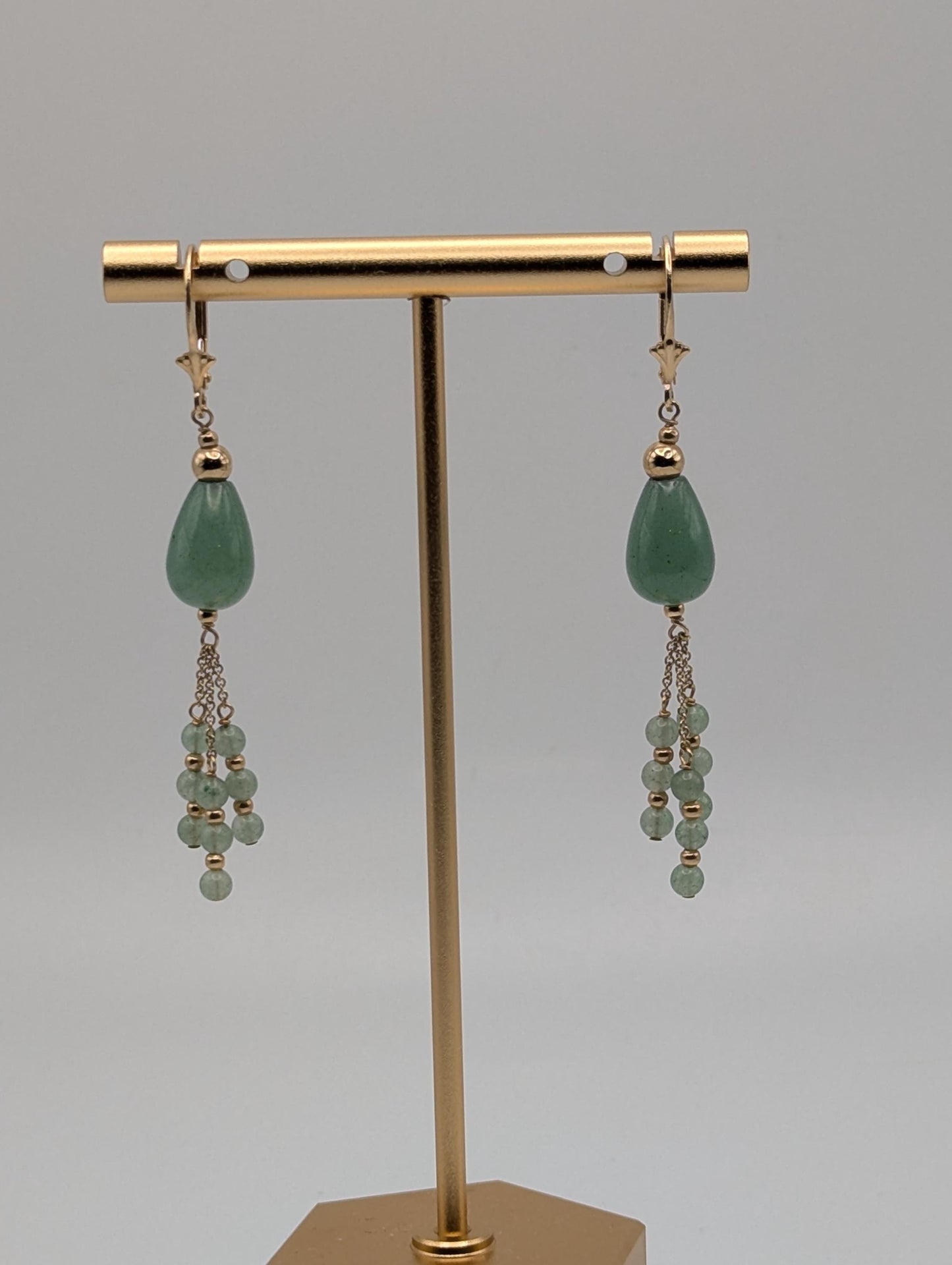 14K Yellow Gold Jade Bead Drop Dangle Earrings Light Green Jade Bead Tear Drop Earrings