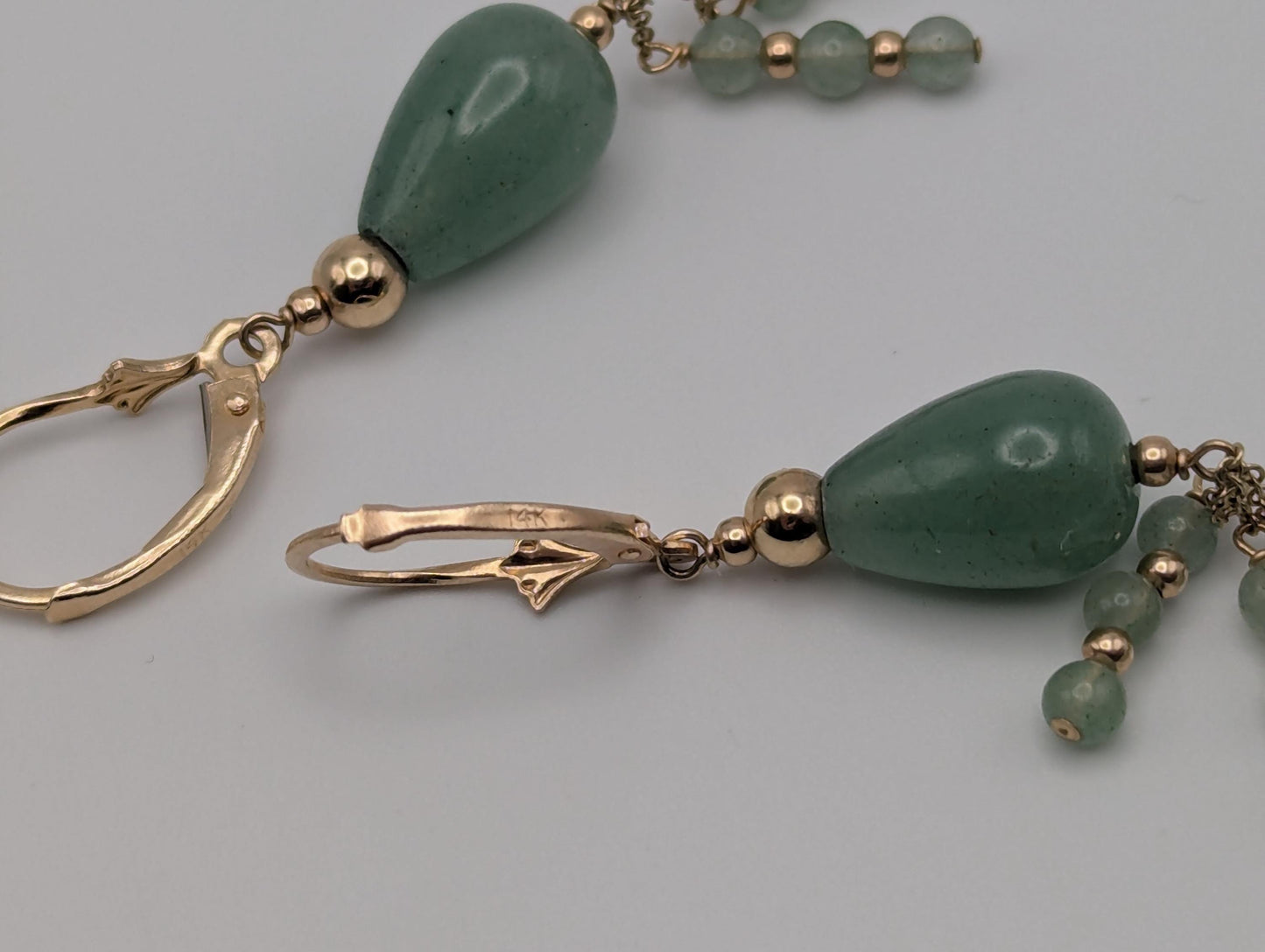 14K Yellow Gold Jade Bead Drop Dangle Earrings Light Green Jade Bead Tear Drop Earrings