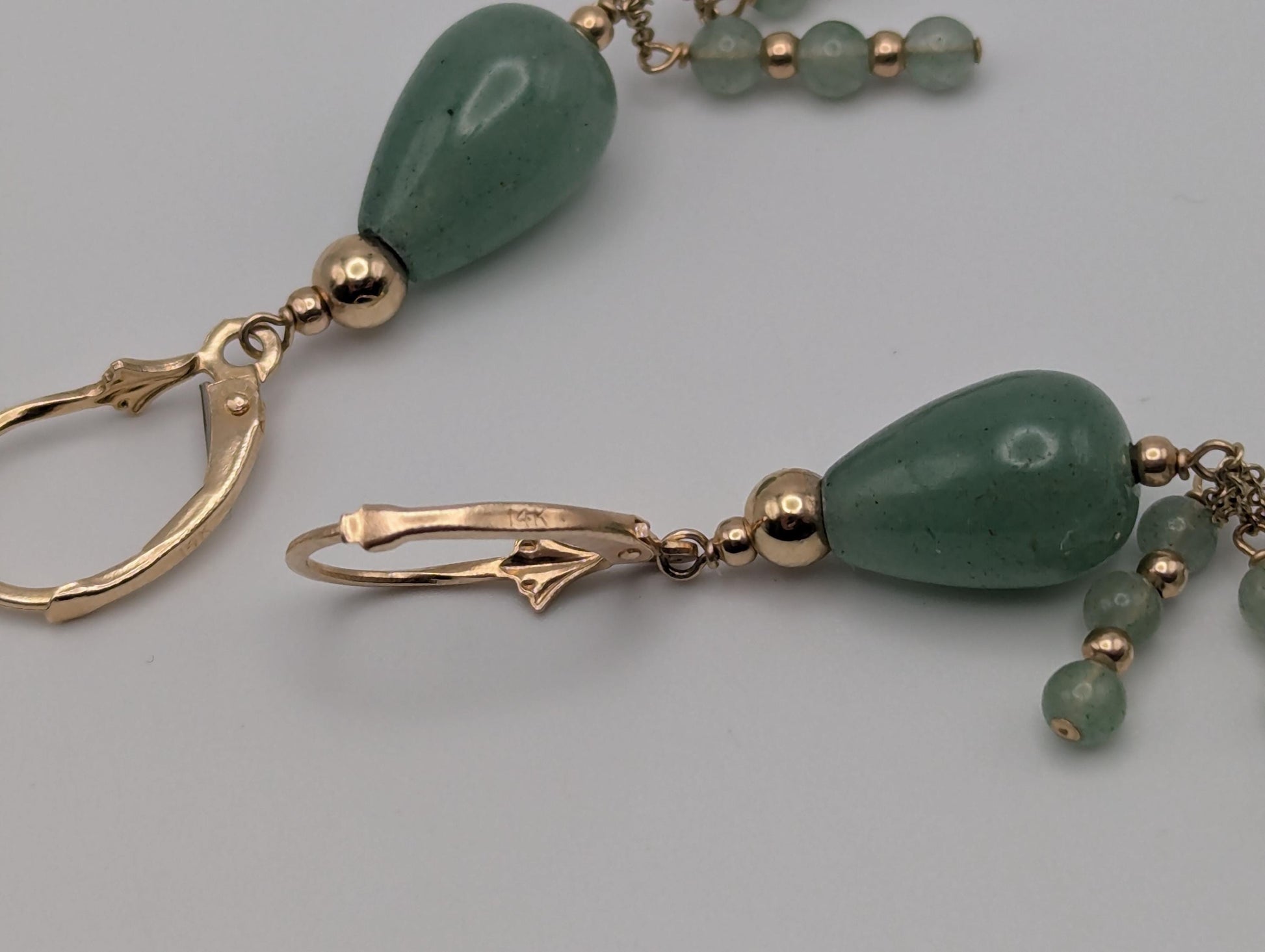 14K Yellow Gold Jade Bead Drop Dangle Earrings Light Green Jade Bead Tear Drop Earrings