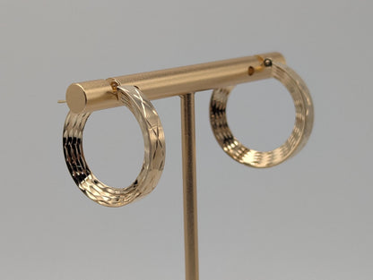 14k Vintage Yellow Gold Classic Etched Textured Hoop Earrings Gold Hoops Hinged