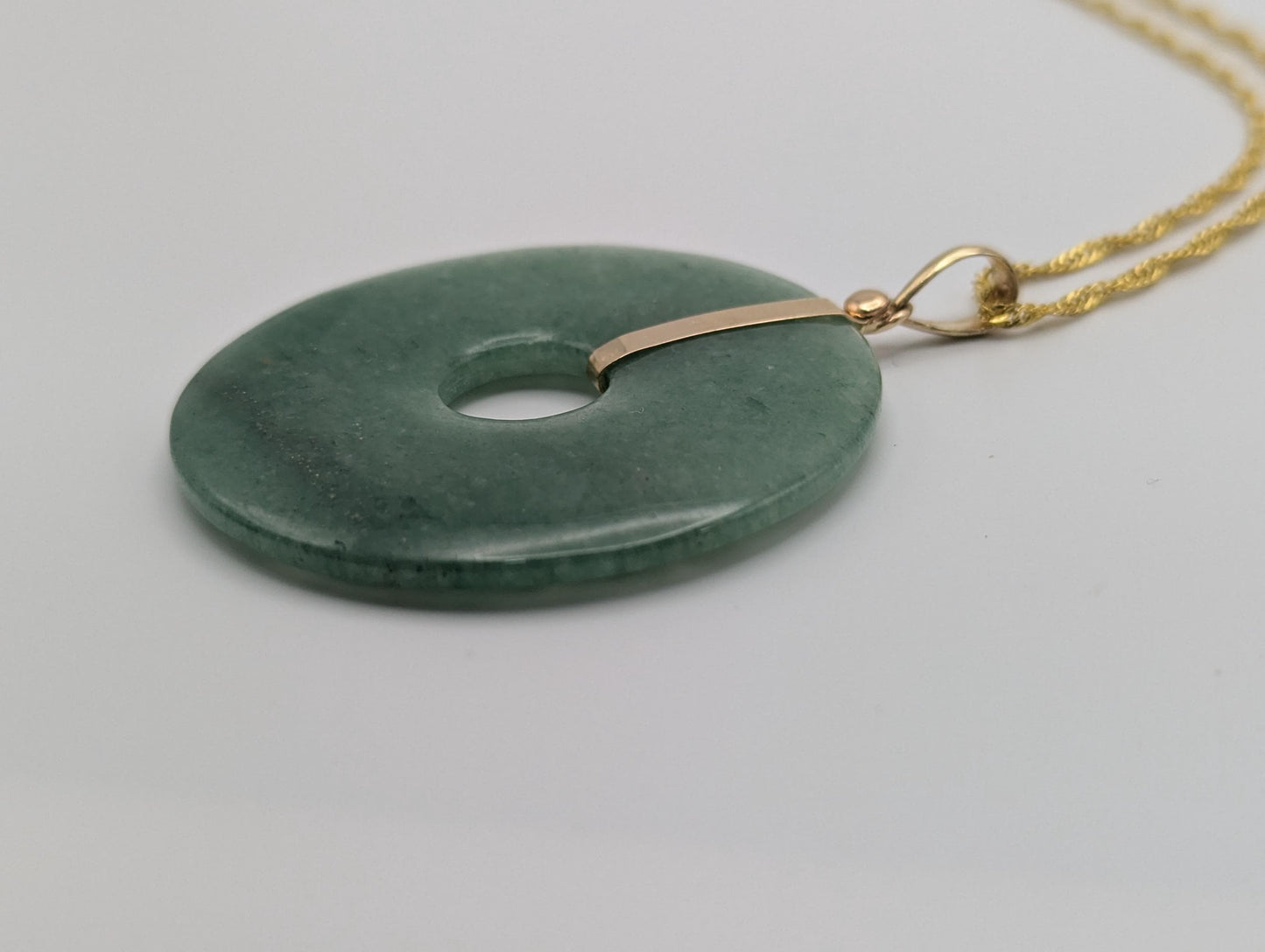 14k Large Jade Pendant Gold Trim Jade Asian Circle Necklace + GF 18k Chain 18"