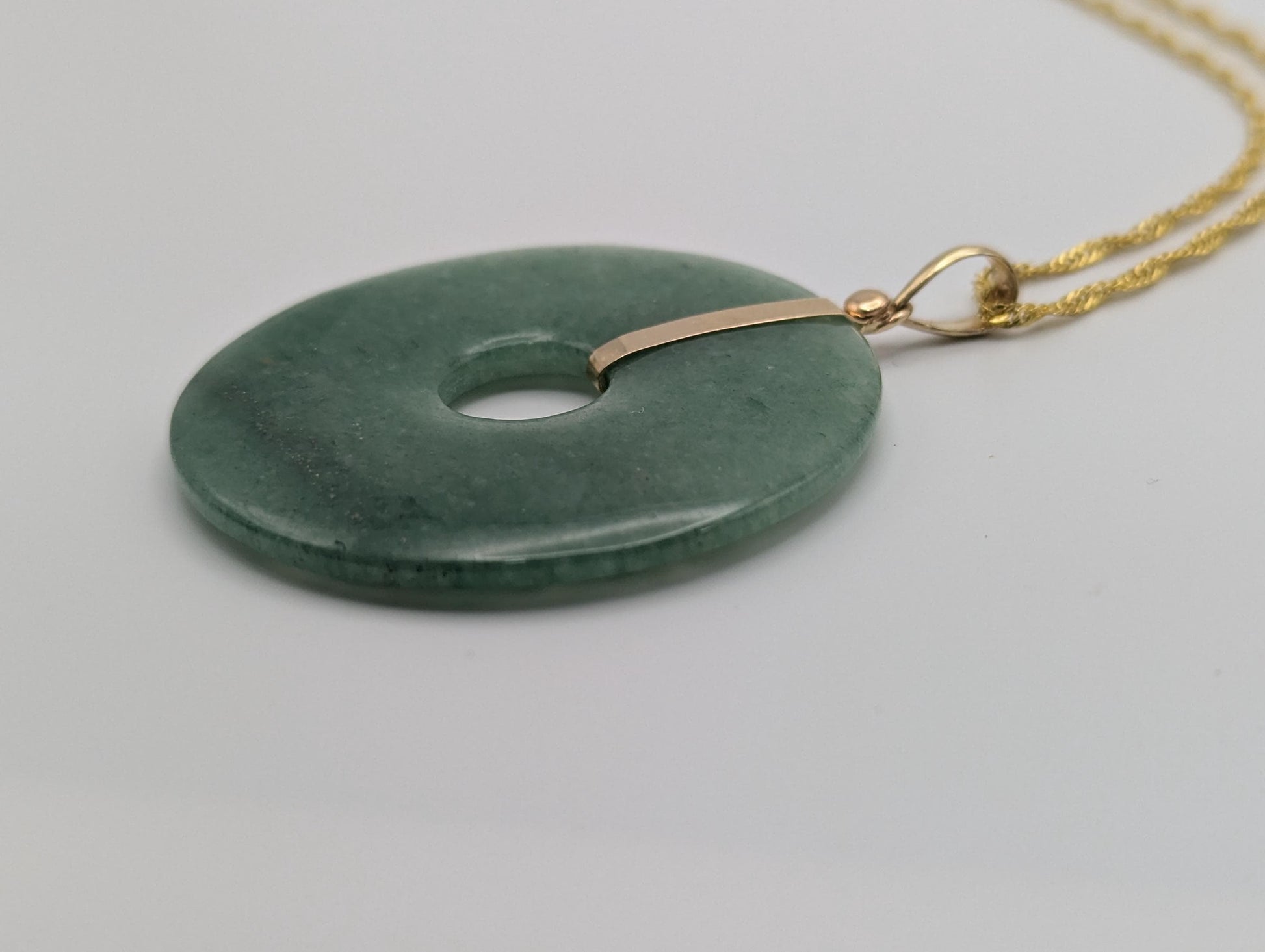 14k Large Jade Pendant Gold Trim Jade Asian Circle Necklace + GF 18k Chain 18"