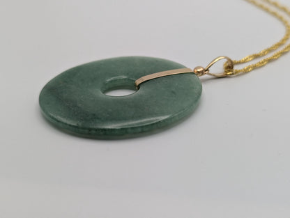 14k Large Jade Pendant Gold Trim Jade Asian Circle Necklace + GF 18k Chain 18"