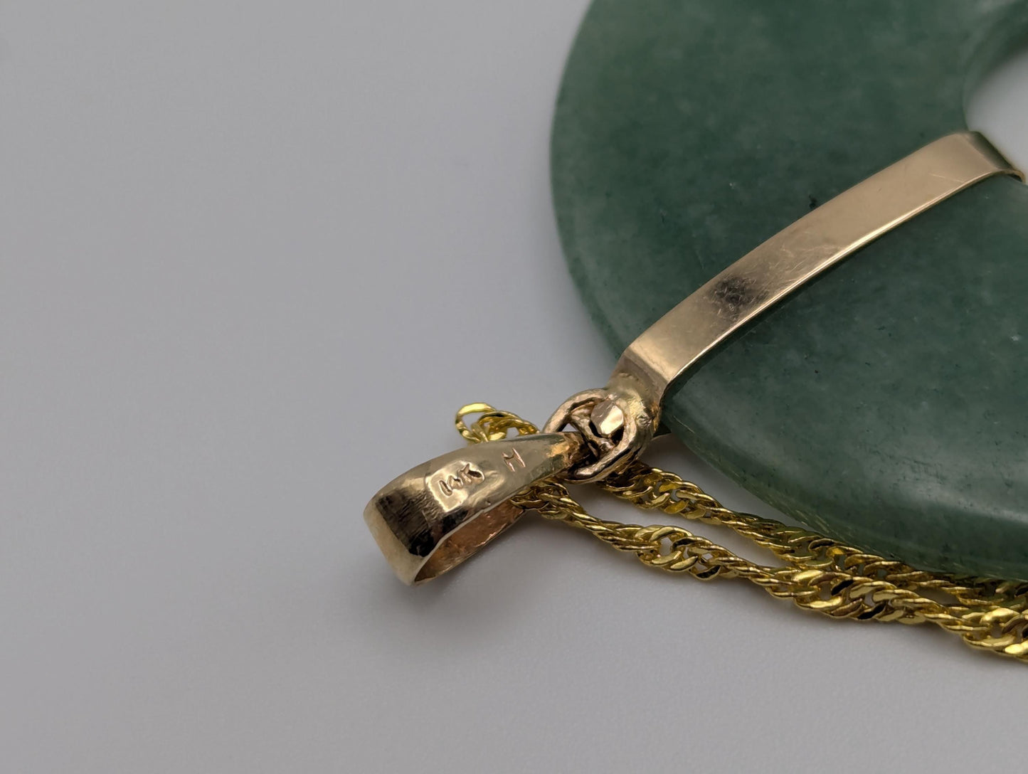 14k Large Jade Pendant Gold Trim Jade Asian Circle Necklace + GF 18k Chain 18"