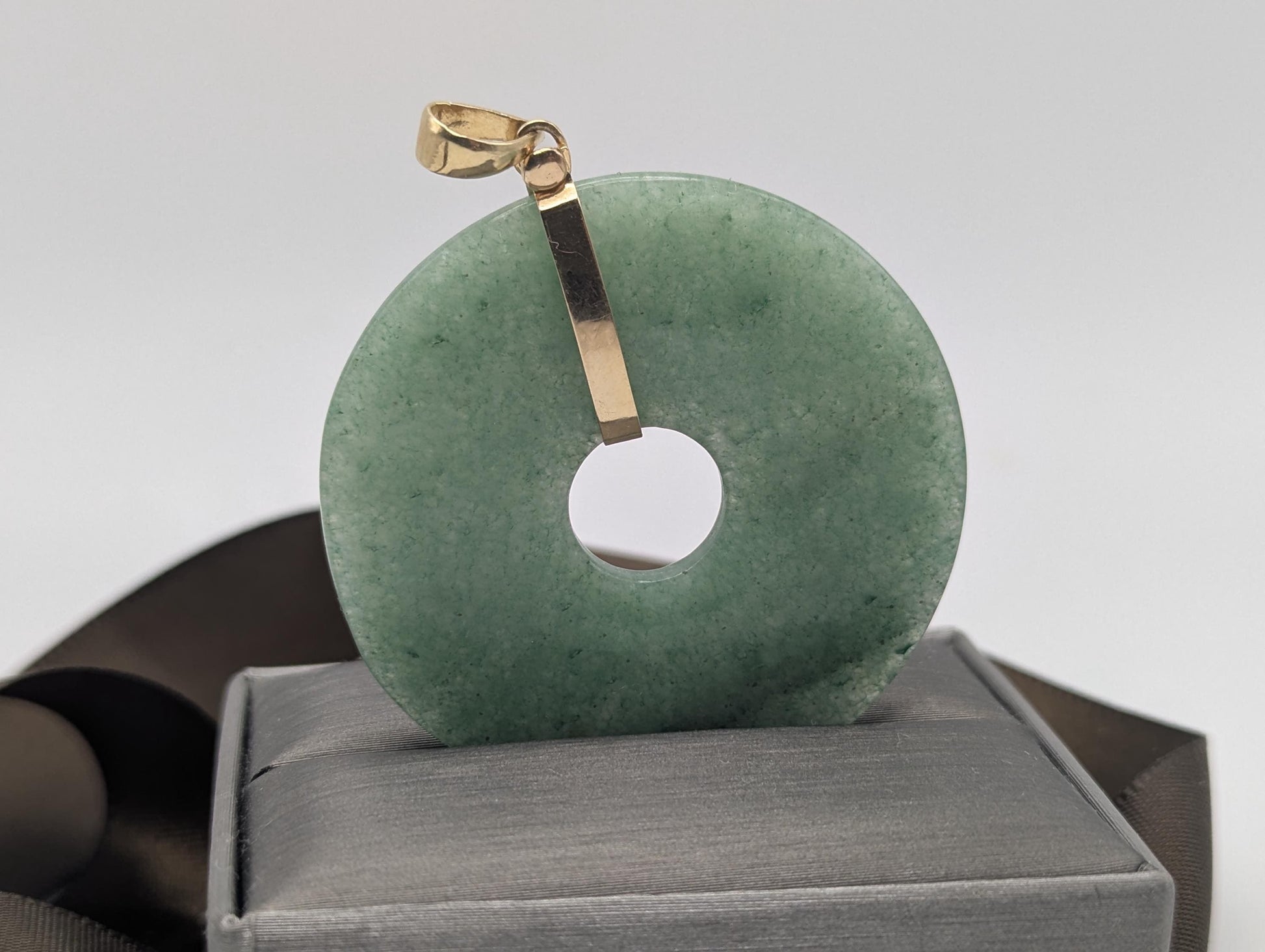 14k Large Jade Pendant Gold Trim Jade Asian Circle Necklace + GF 18k Chain 18"