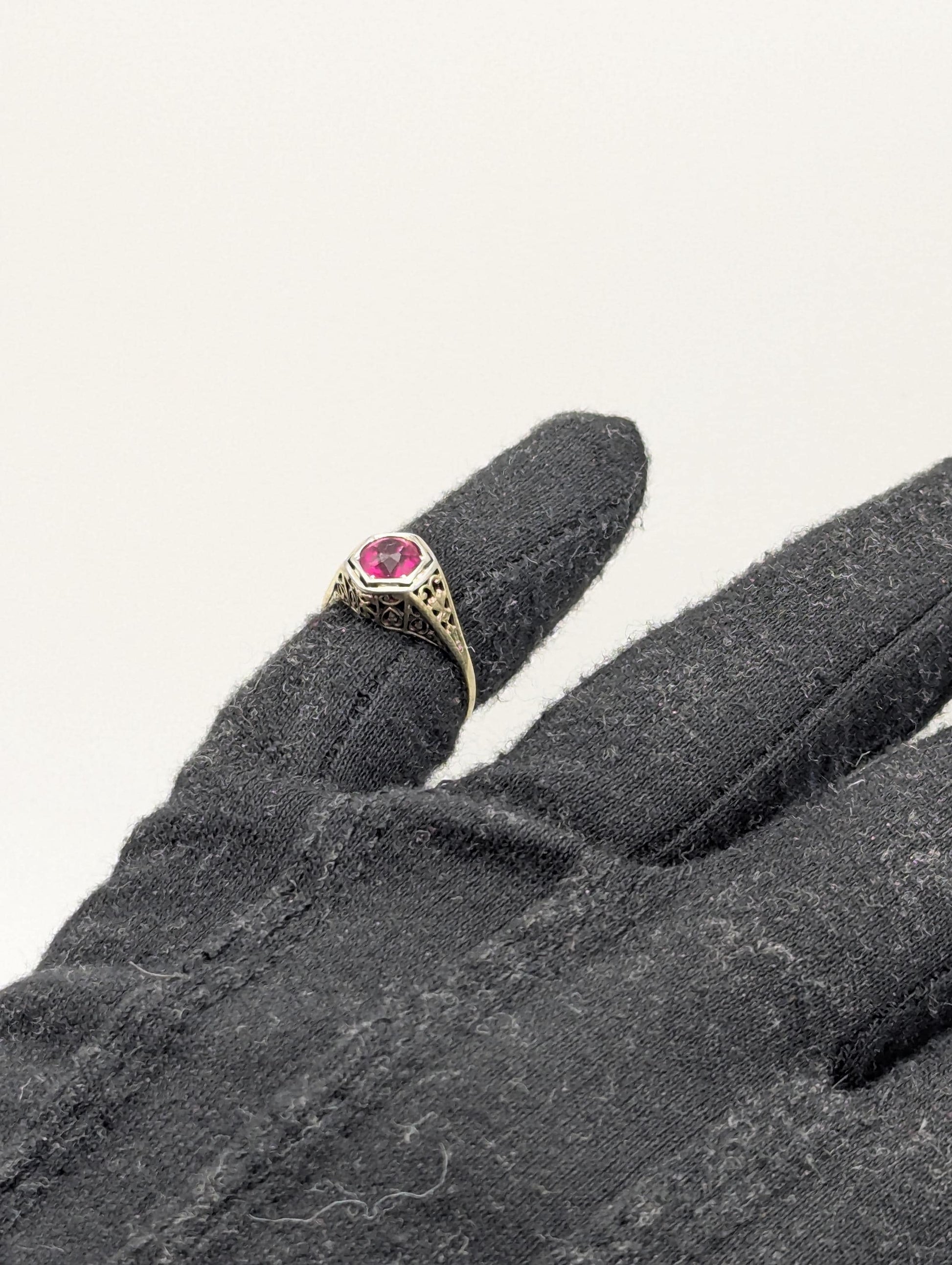 14k White Gold Ruby Filigree Ring Promise Engagement Wedding Band