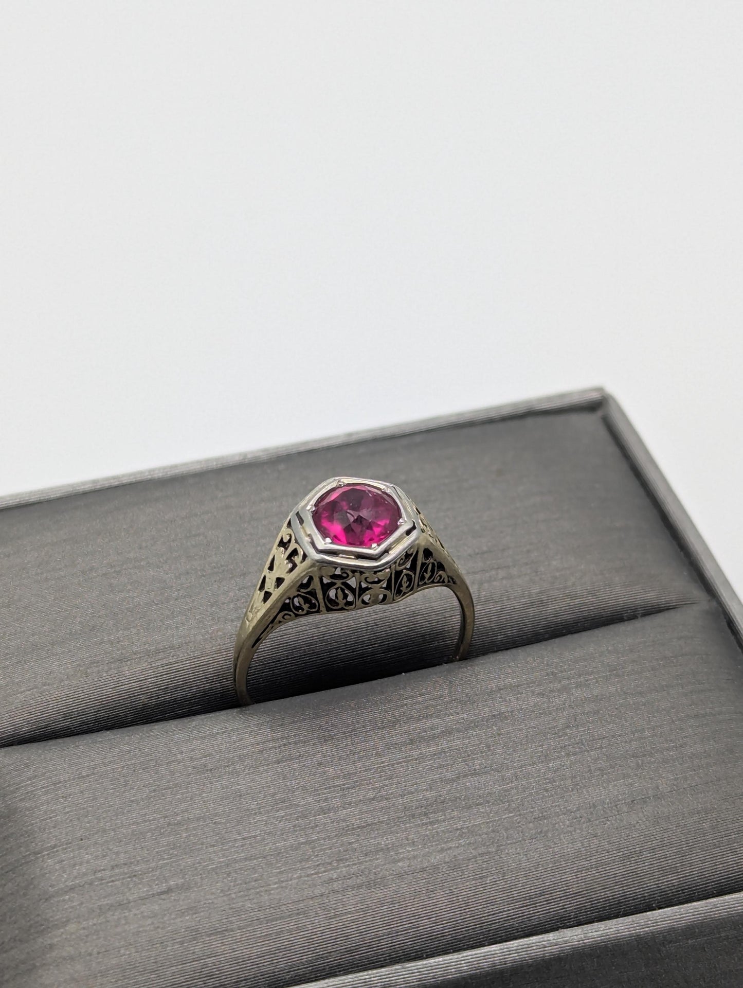 14k White Gold Ruby Filigree Ring Promise Engagement Wedding Band