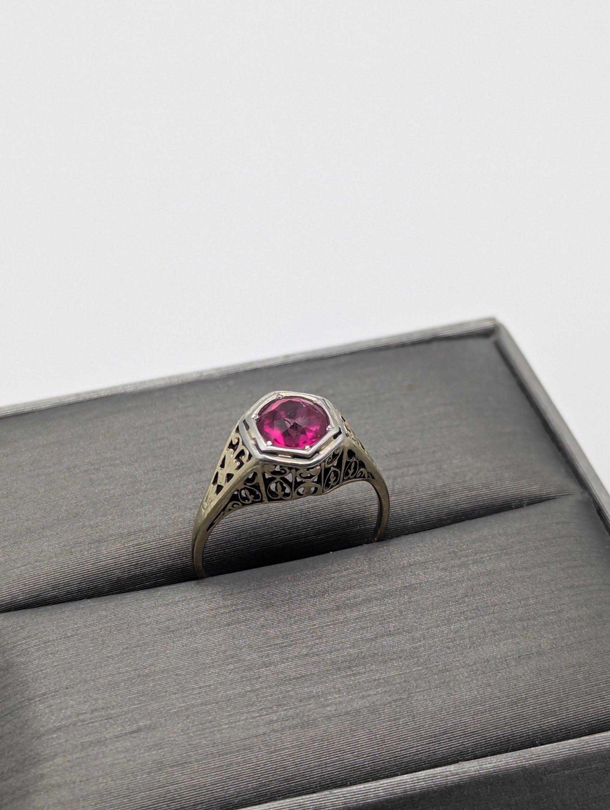14k White Gold Ruby Filigree Ring Promise Engagement Wedding Band