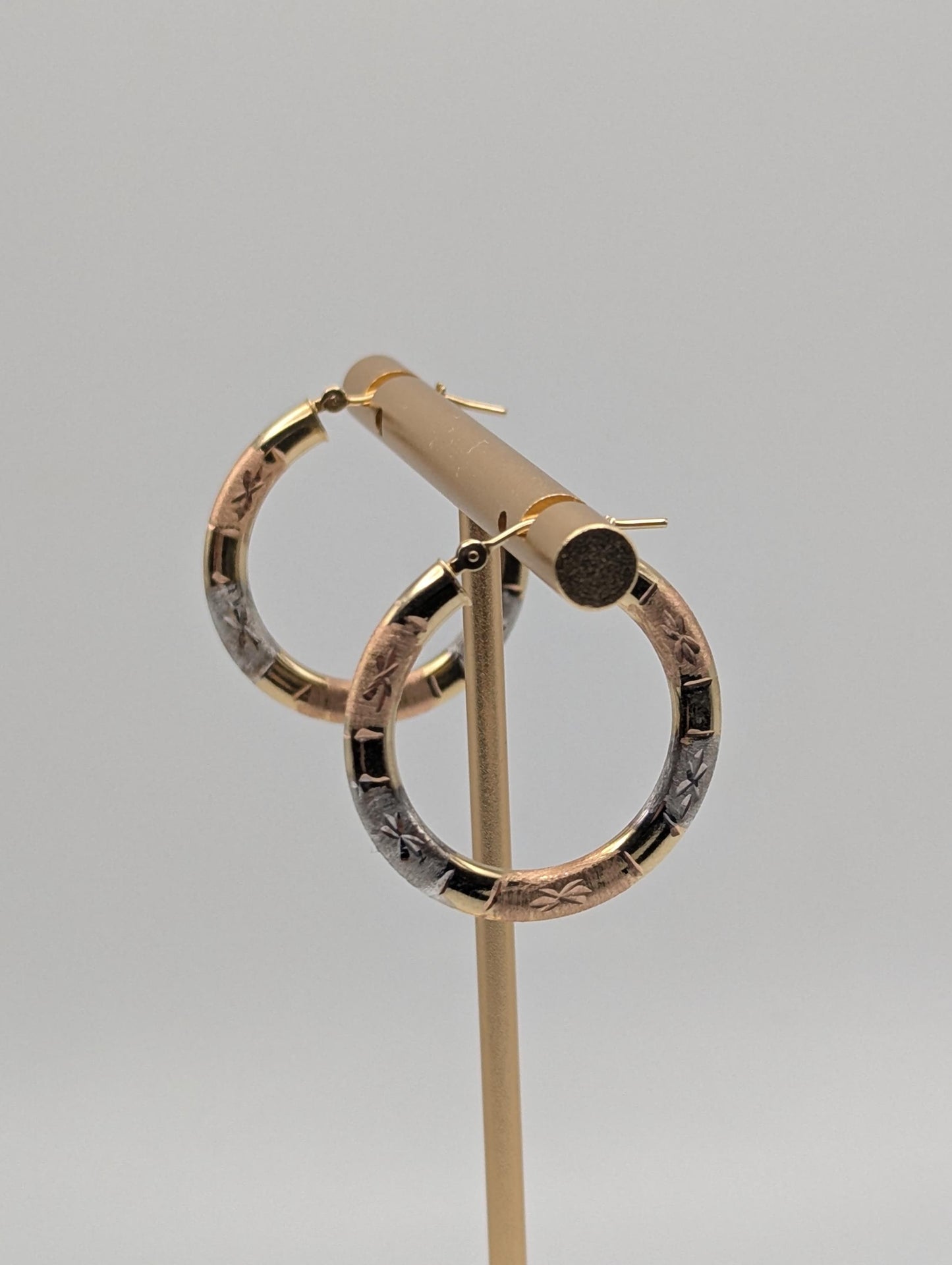 Large 14k Trio Gold Etched Hoop Earrings Rose Gold Multi-Color Hoops