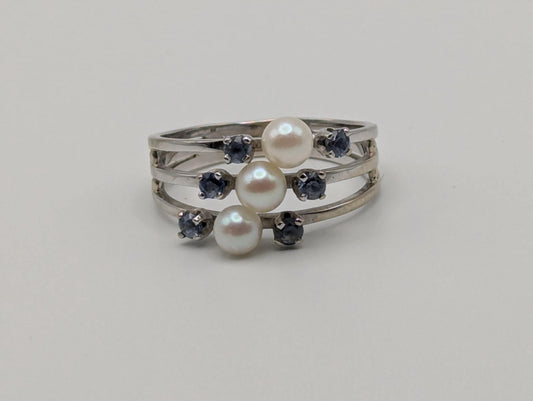 14k White Gold Tanzanite and Pearl Multiband Ring Cocktail Ring Vintage Statement Ring