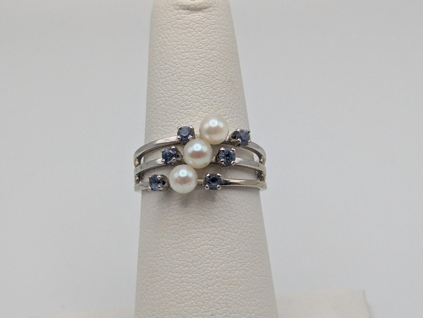 14k White Gold Tanzanite and Pearl Multiband Ring Cocktail Ring Vintage Statement Ring
