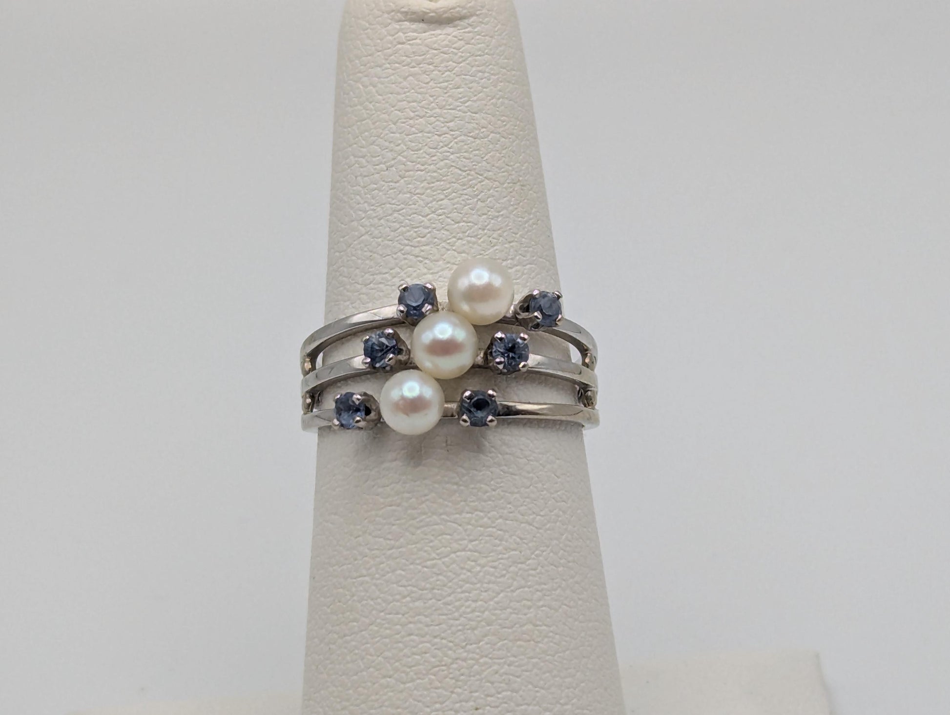 14k White Gold Tanzanite and Pearl Multiband Ring Cocktail Ring Vintage Statement Ring