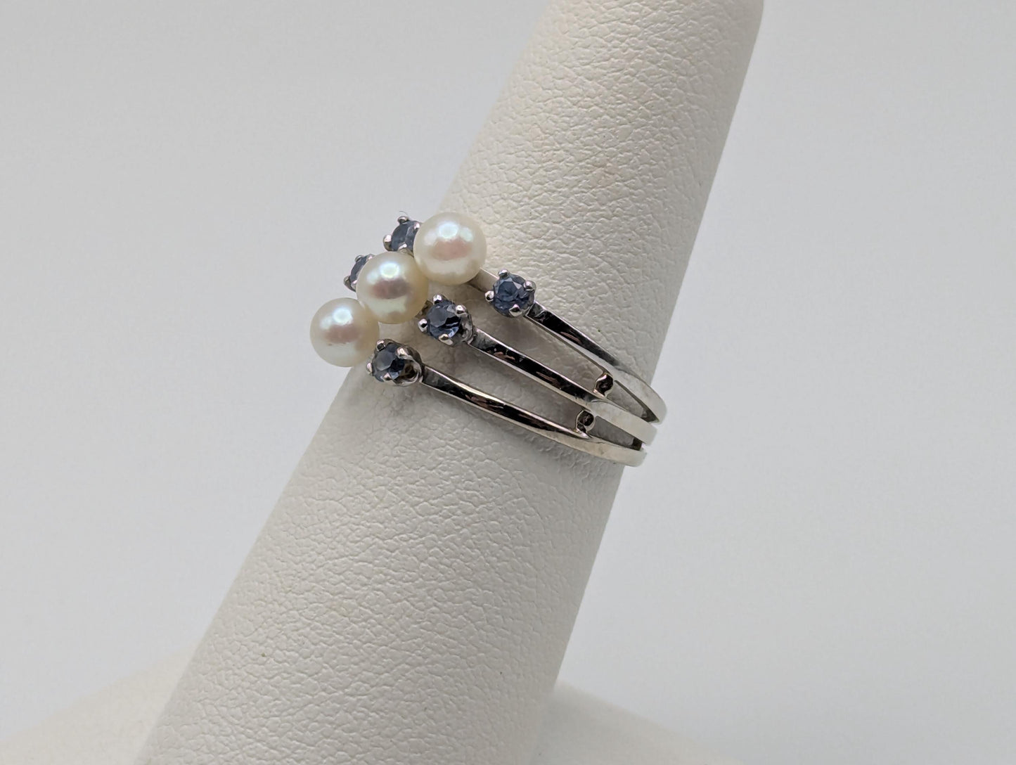 14k White Gold Tanzanite and Pearl Multiband Ring Cocktail Ring Vintage Statement Ring