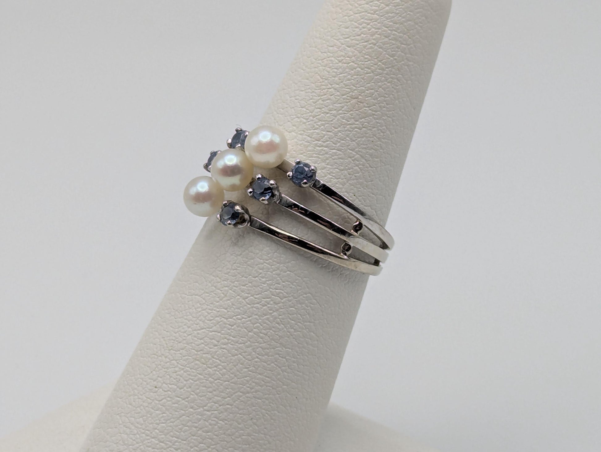 14k White Gold Tanzanite and Pearl Multiband Ring Cocktail Ring Vintage Statement Ring