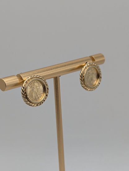 Vintage 14K Yellow Gold Lady Liberty American Eagle Coin Medallion Stud Earrings