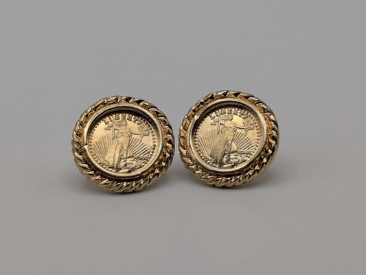Vintage 14K Yellow Gold Lady Liberty American Eagle Coin Medallion Stud Earrings