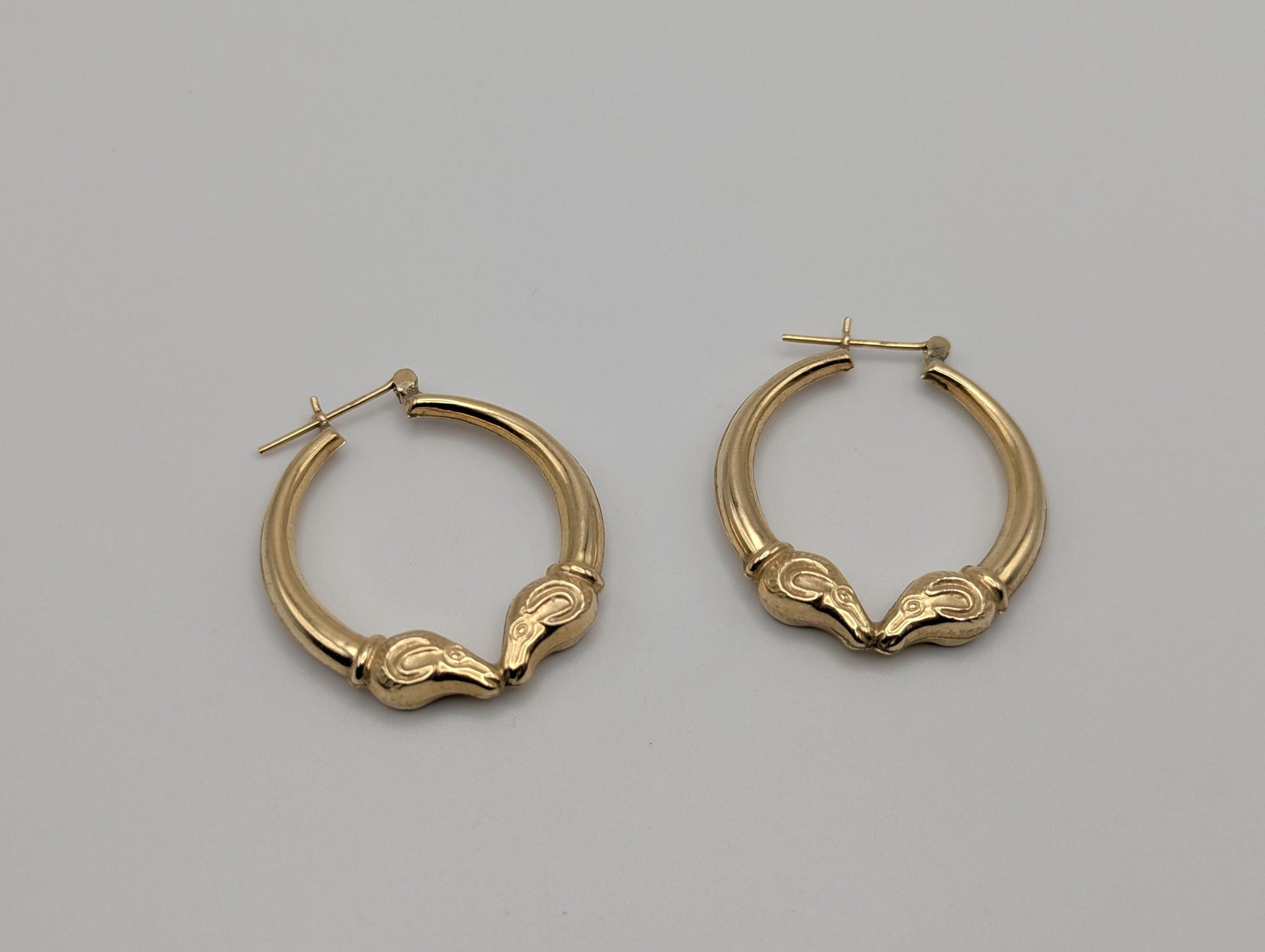 Large 14k Yellow Gold Rams Head Hoop Earrings Hinged Hoops
