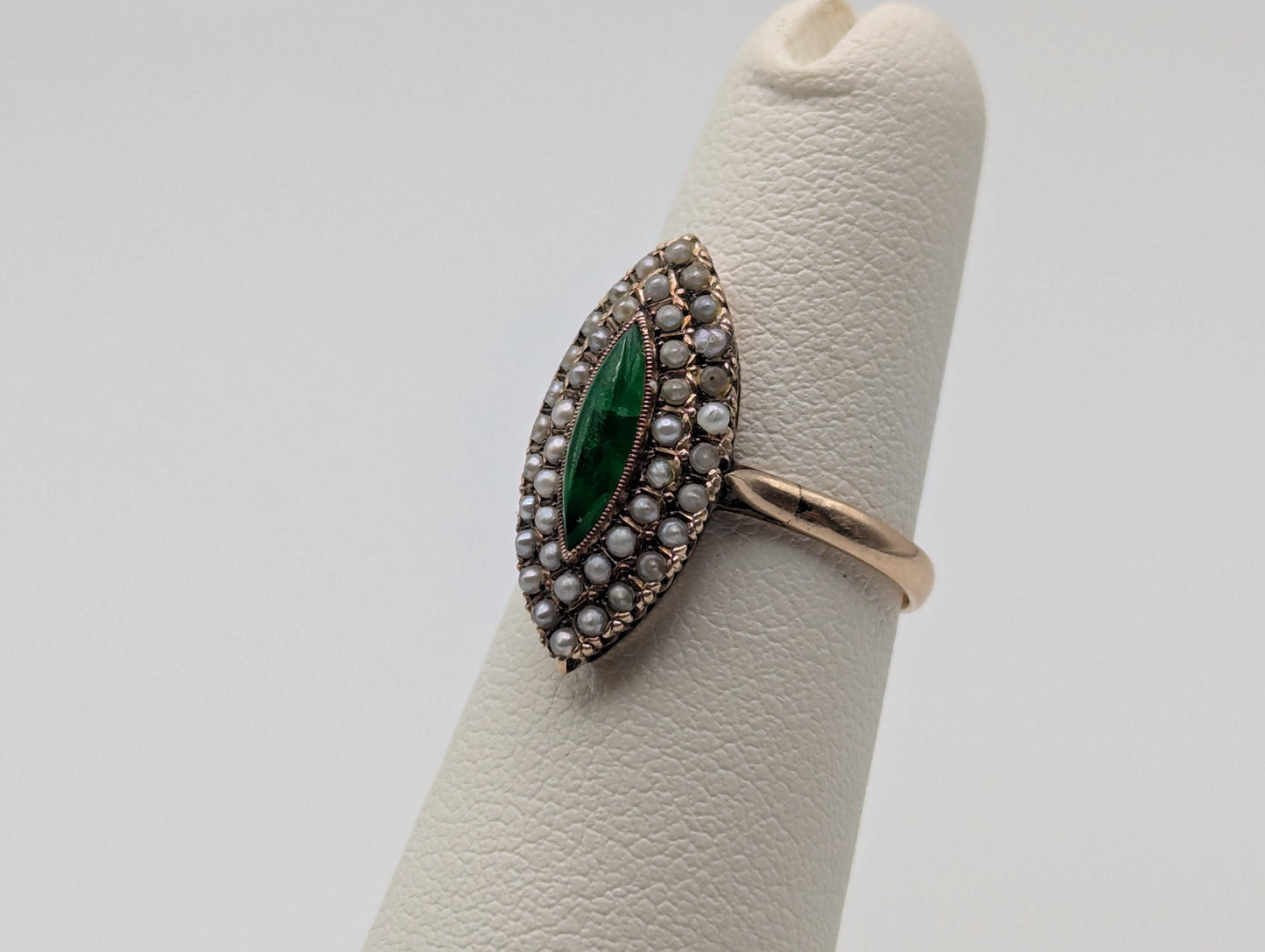 10k Victorian Gold Emerald Seed Pearl Ring. Cocktail Statement Ring Free Resize