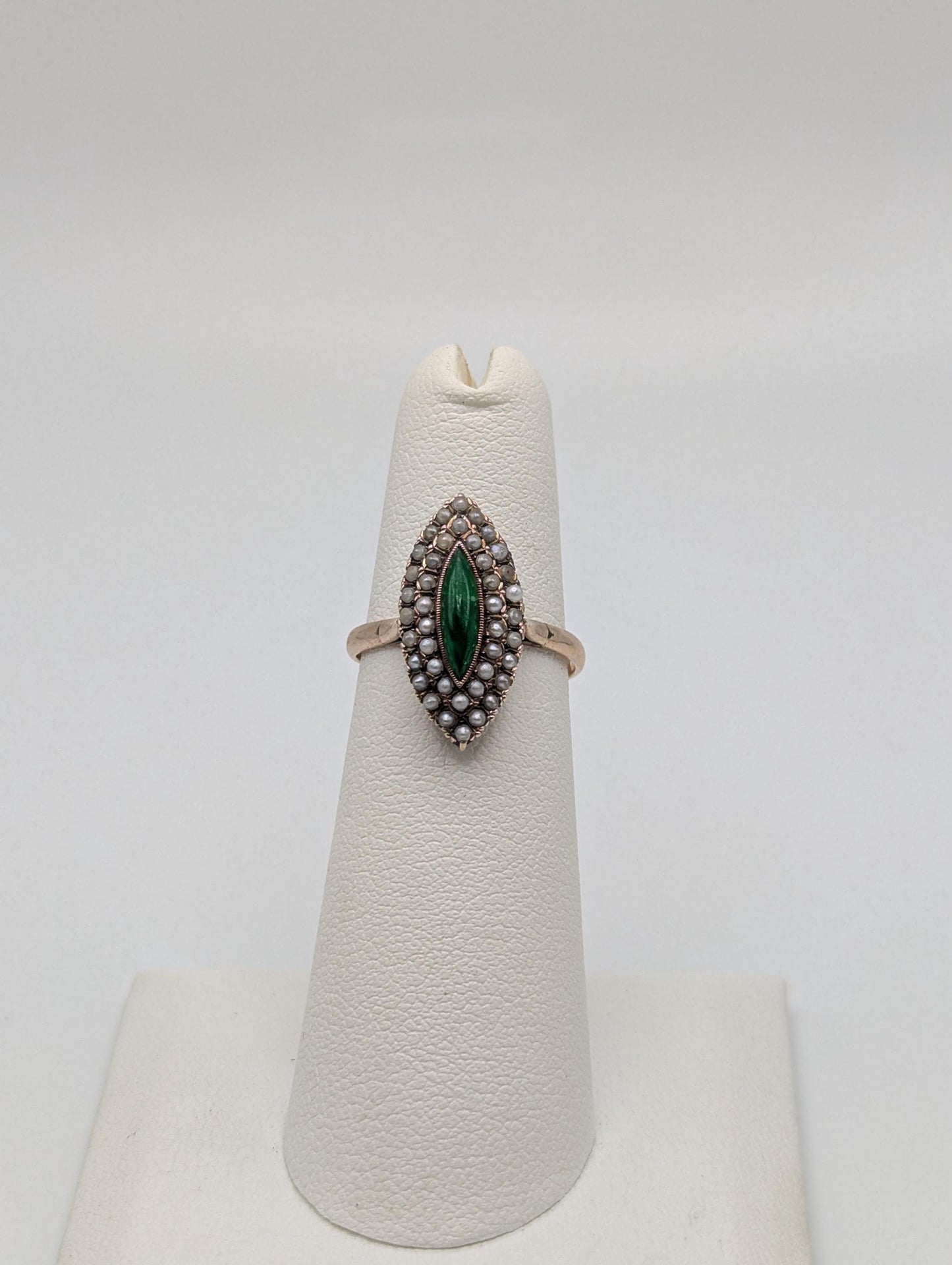 10k Victorian Gold Emerald Seed Pearl Ring. Cocktail Statement Ring Free Resize