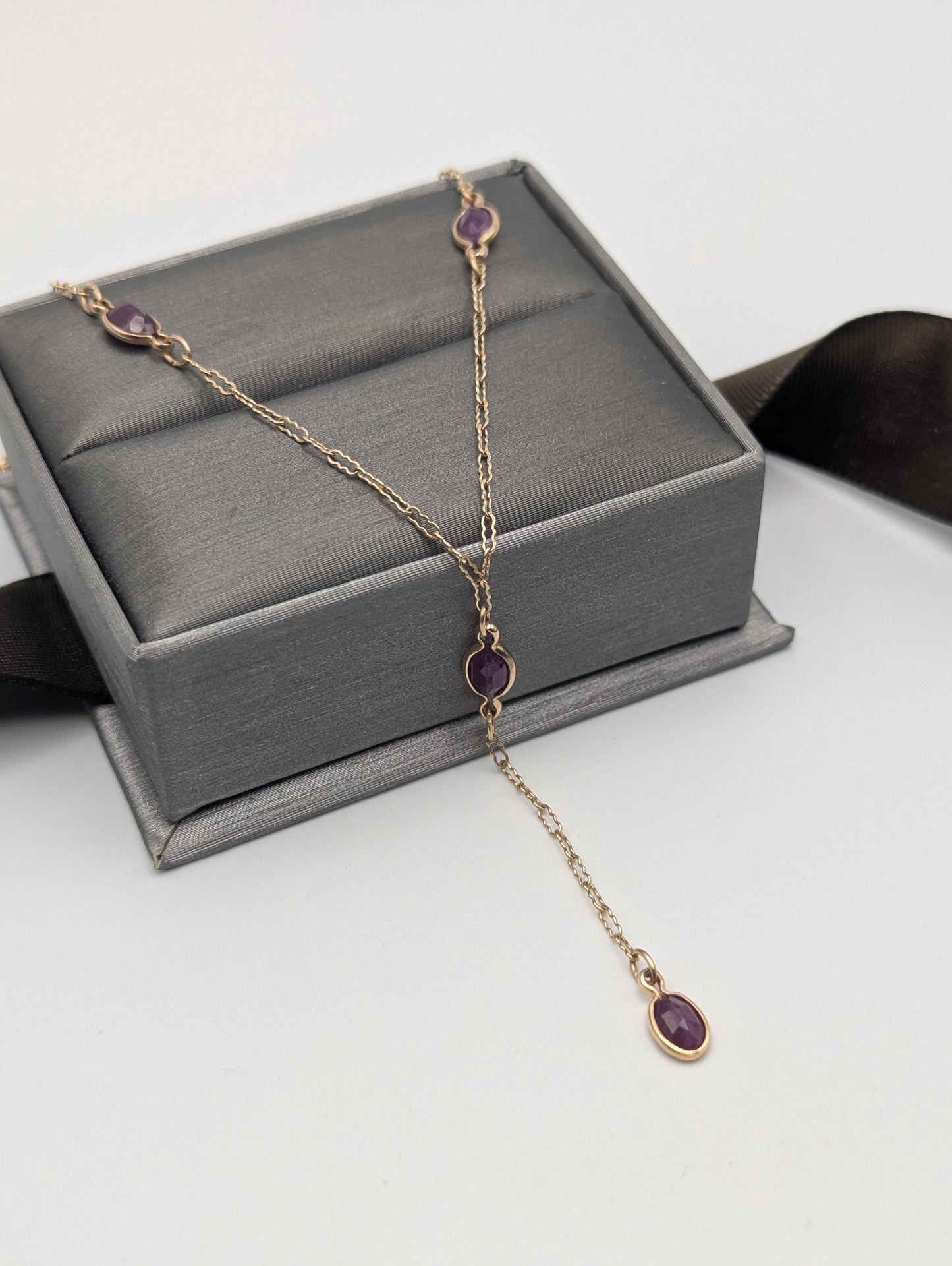 10k Yellow Gold Ruby 2" Lariat Chain Necklace 18" Layering Dainty Necklace