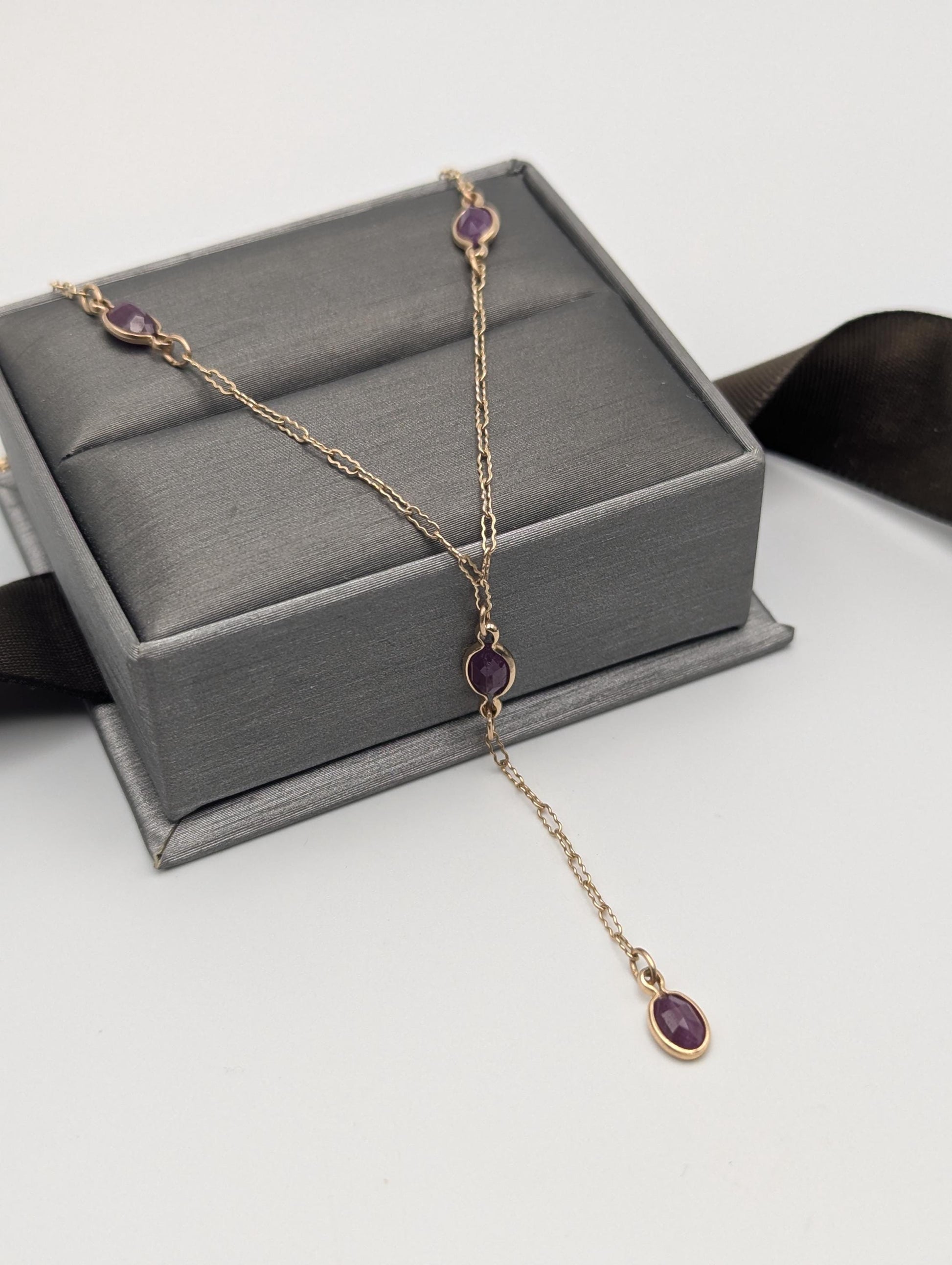 10k Yellow Gold Ruby 2" Lariat Chain Necklace 18" Layering Dainty Necklace