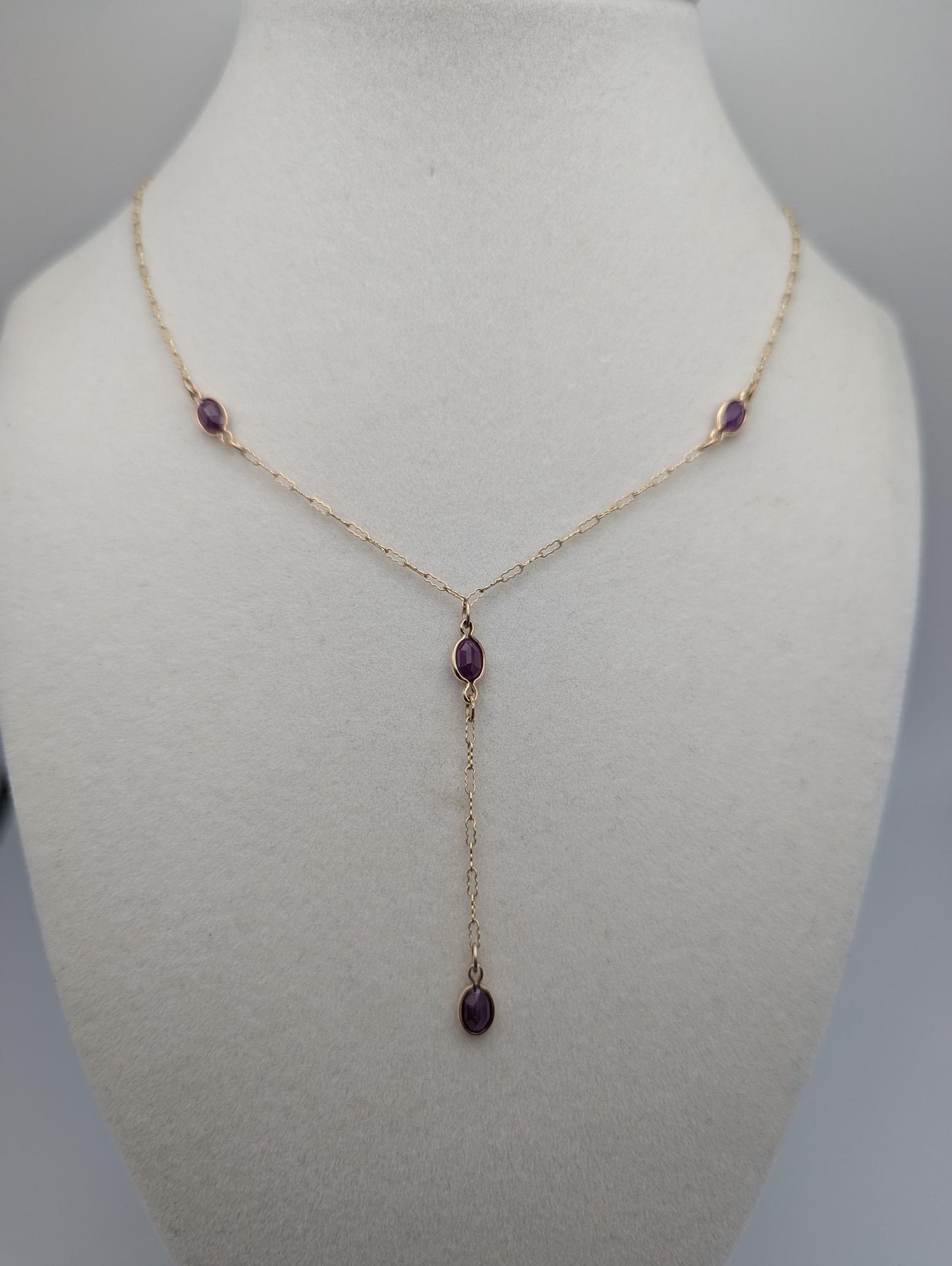 10k Yellow Gold Ruby 2" Lariat Chain Necklace 18" Layering Dainty Necklace