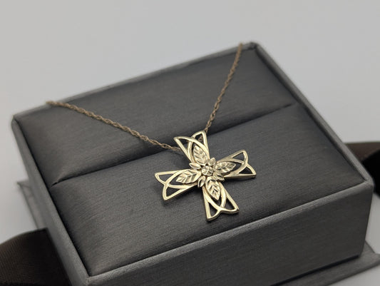 14k Yellow Gold Filigree Cross Necklace 18" Crucifix Gold Chain