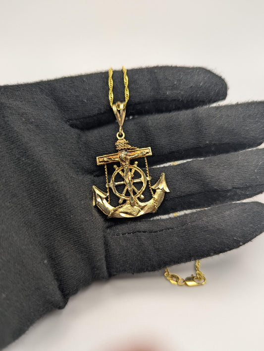 10k Heavy 5gr Jesus Christ Anchor Mariner Pendant + Complimentary 18k GF Necklace