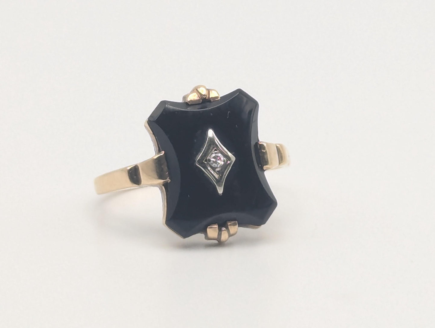 10k Vintage Black Onyx Diamond Ring Statement Ring Signet Ring