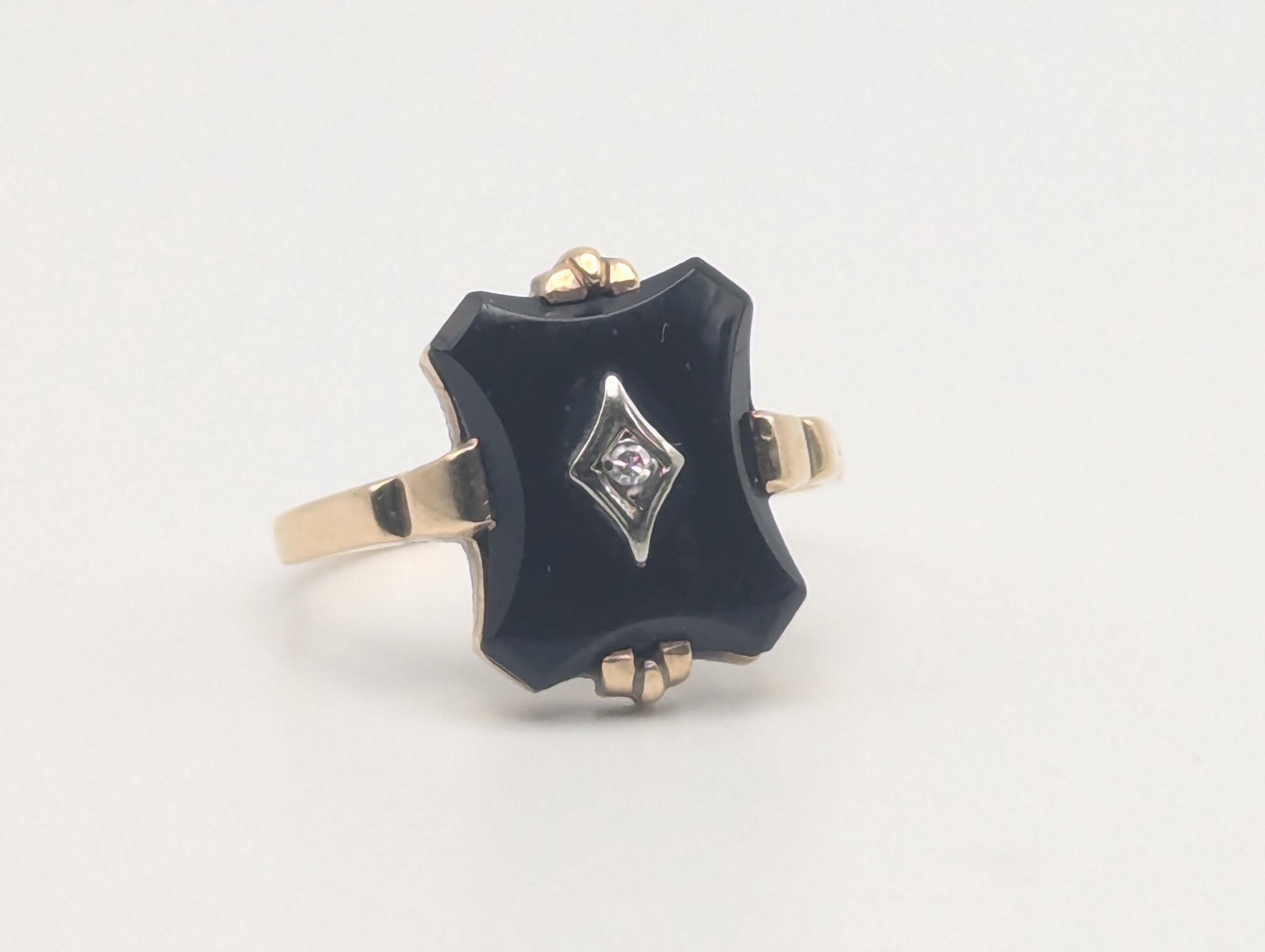 10k Vintage Black Onyx Diamond Ring Statement Ring Signet Ring