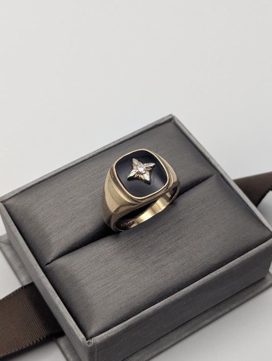 14k Vintage Heavy Black Onyx Diamond Ring Statement Ring Signet Ring