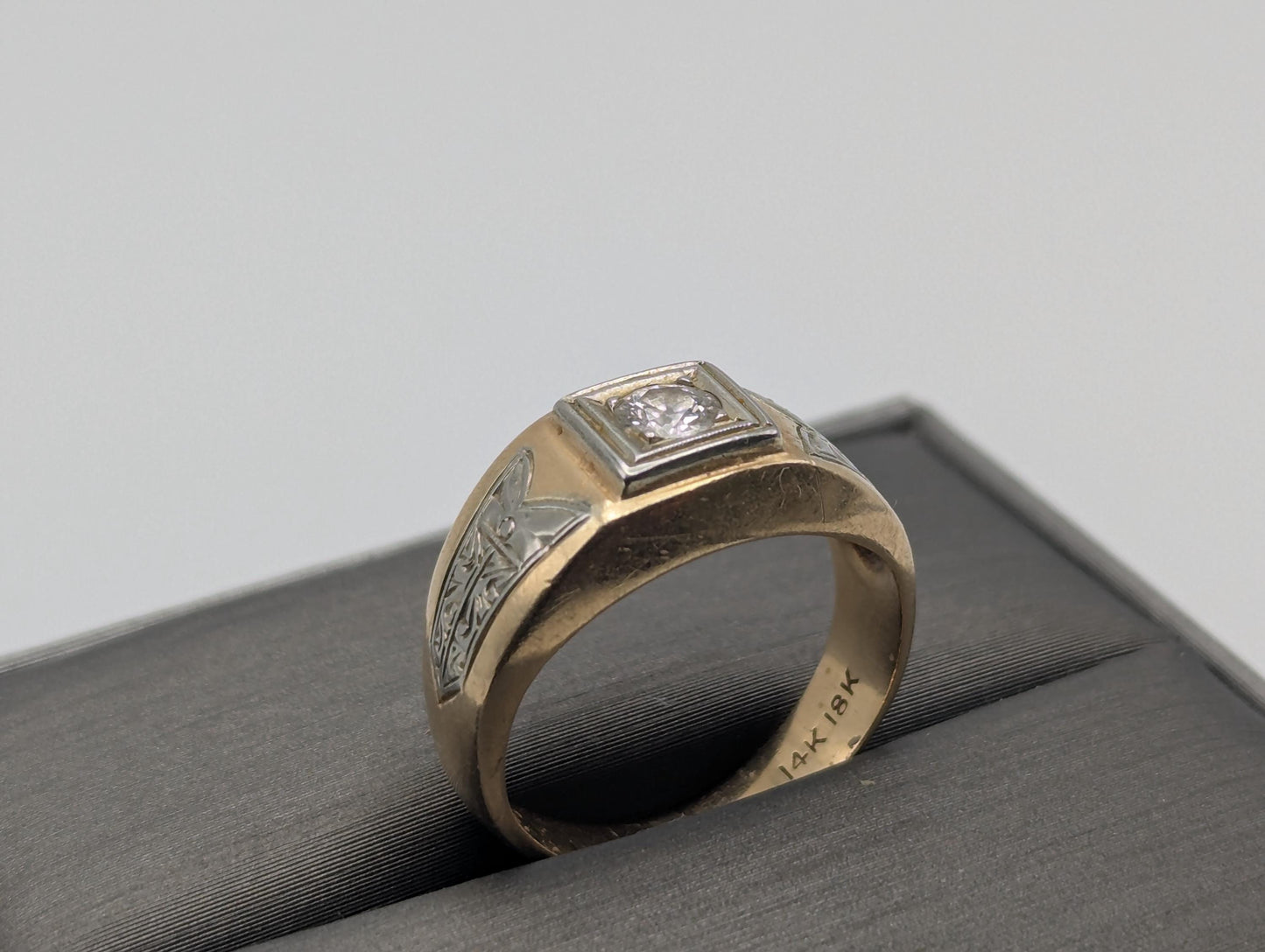 18k 14k Two-Tone Gold .35ct Diamond Mens Wedding Band Signet Ring Pinky Ring