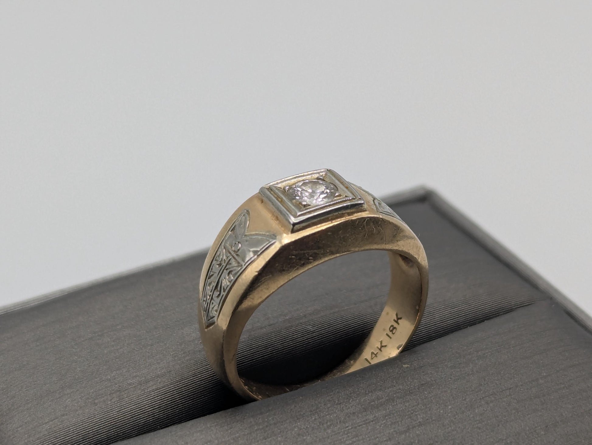 18k 14k Two-Tone Gold .35ct Diamond Mens Wedding Band Signet Ring Pinky Ring