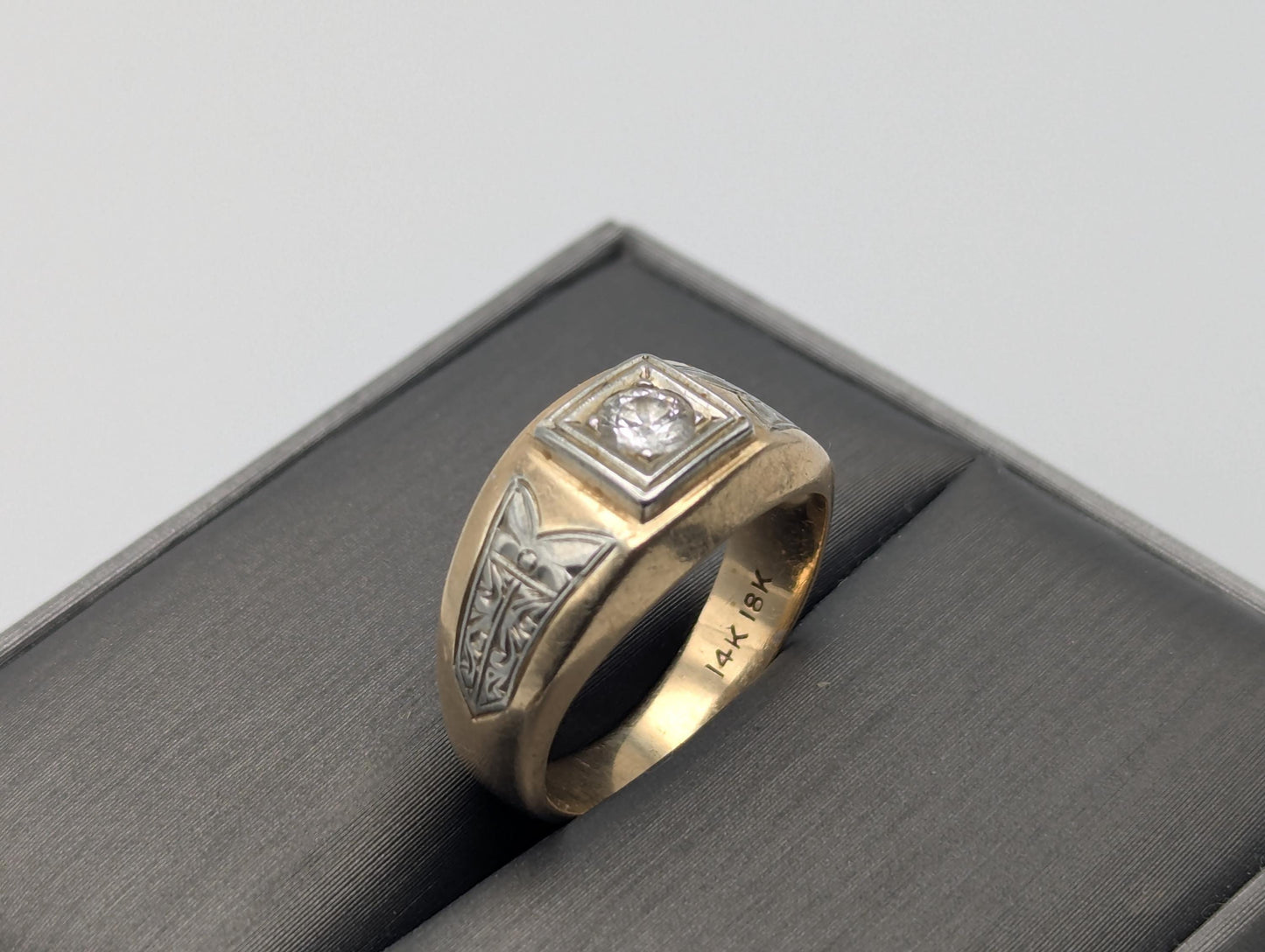 18k 14k Two-Tone Gold .35ct Diamond Mens Wedding Band Signet Ring Pinky Ring