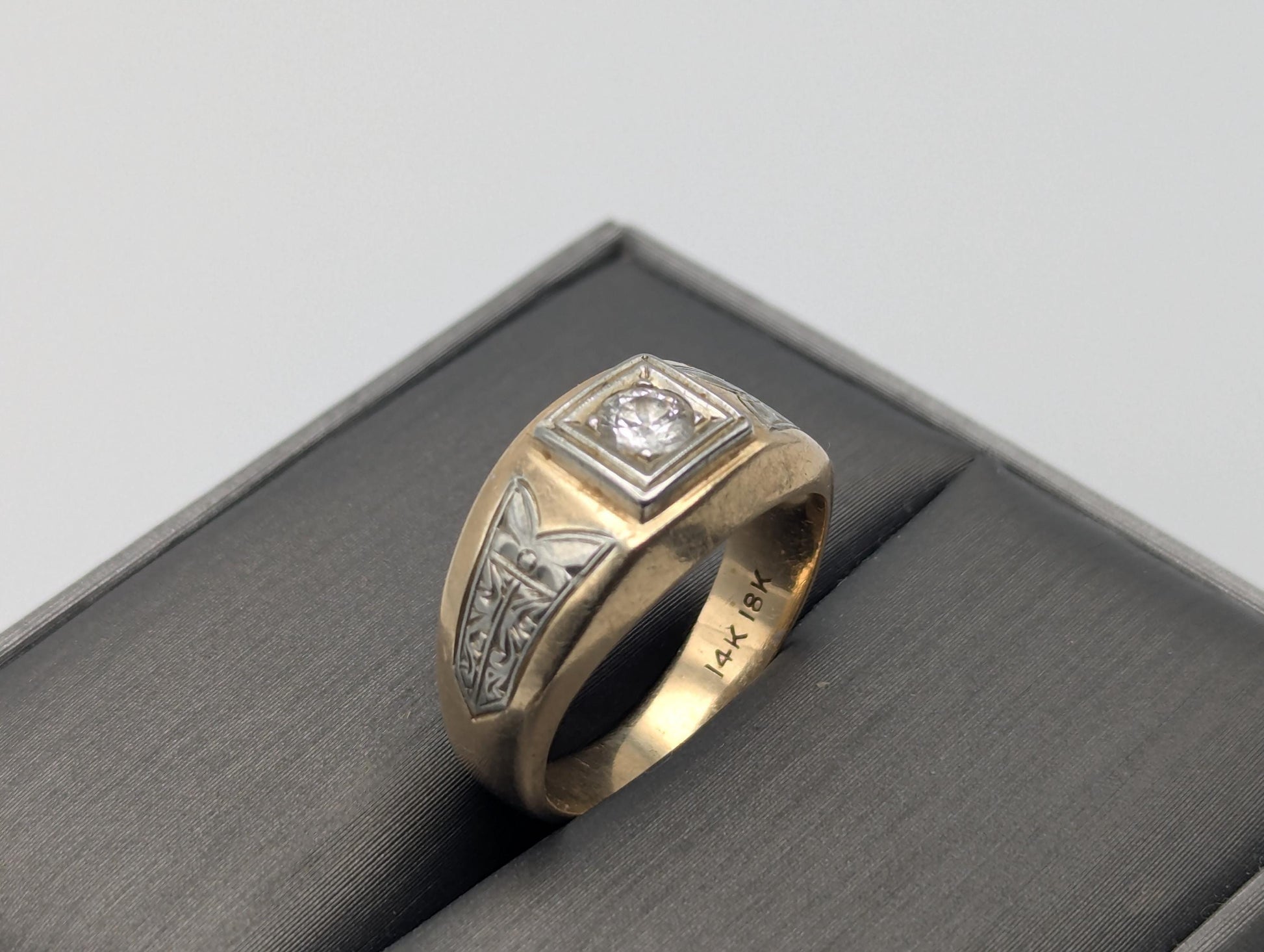 18k 14k Two-Tone Gold .35ct Diamond Mens Wedding Band Signet Ring Pinky Ring