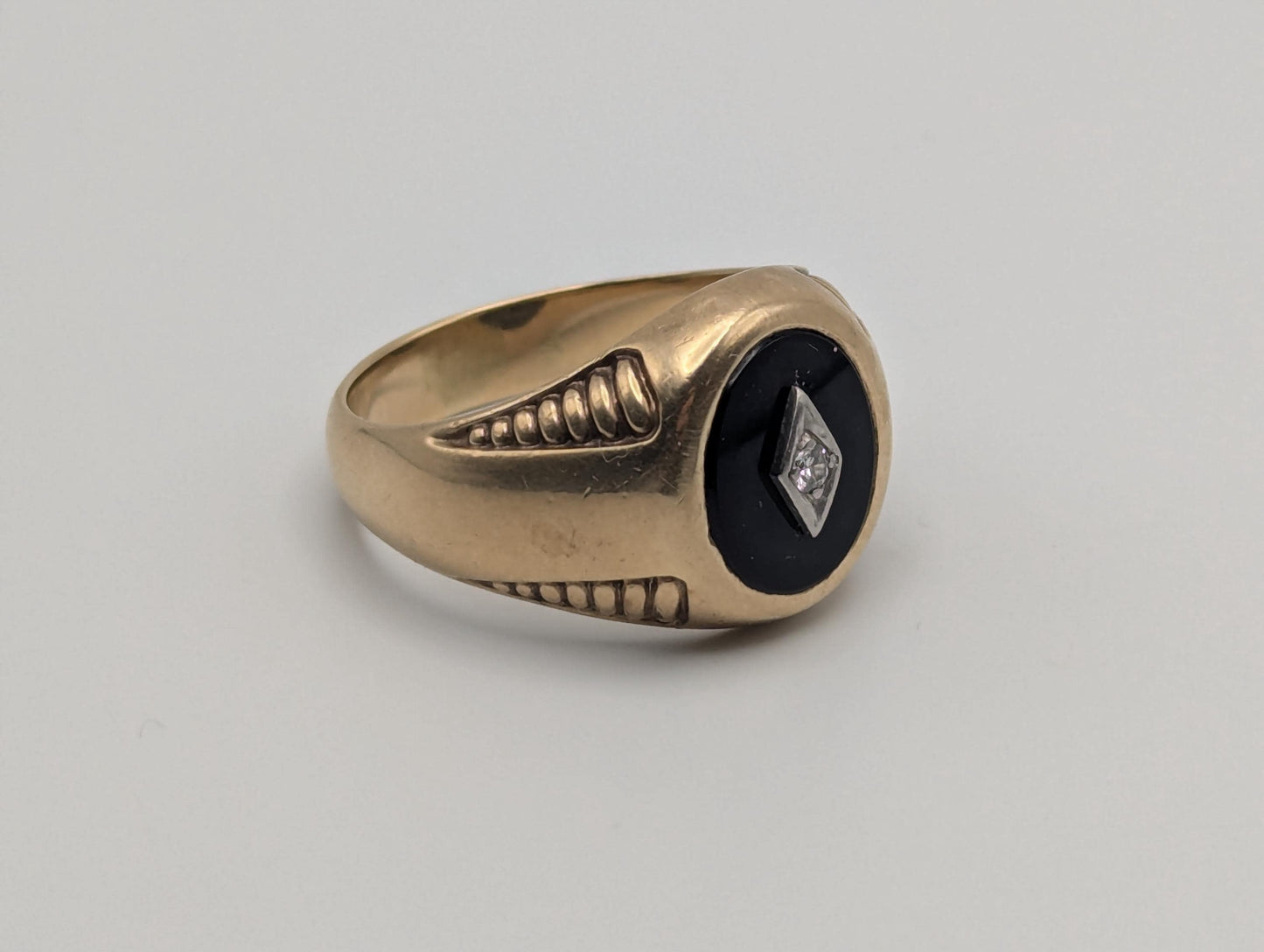 14k HEAVY 11 gr Vintage Oval Black Onyx Diamond Wedding Ring Statement Ring Signet Ring