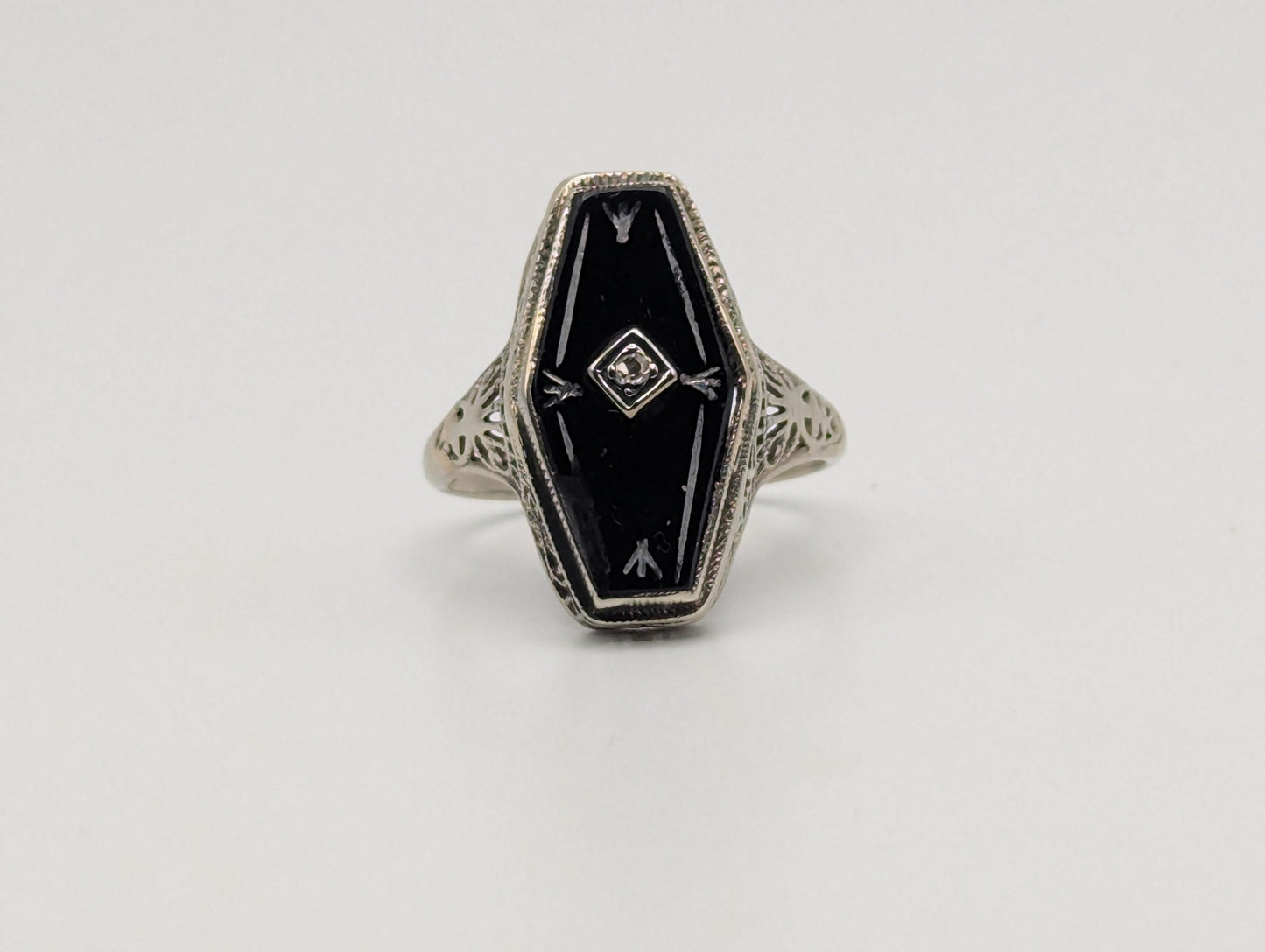 Vintage 14k White Gold Art Deco Black Onyx Diamond Ring Midnight Statement Ring