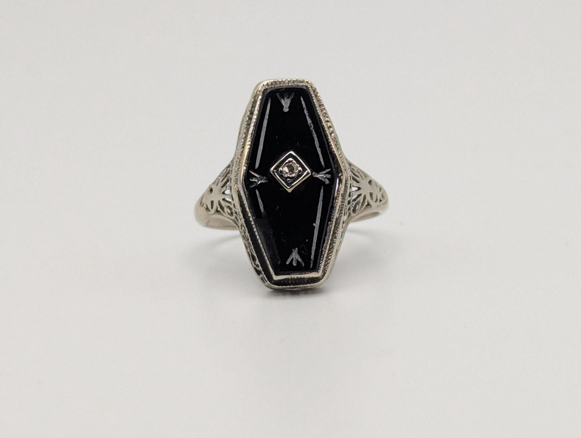 Vintage 14k White Gold Art Deco Black Onyx Diamond Ring Midnight Statement Ring