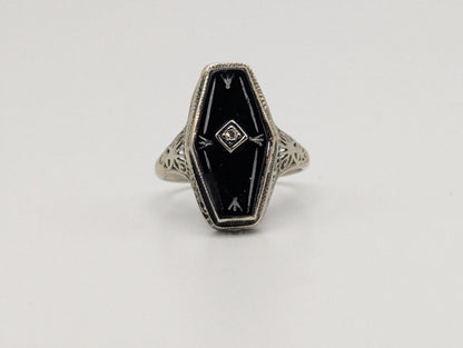 Vintage 14k White Gold Art Deco Black Onyx Diamond Ring Midnight Statement Ring
