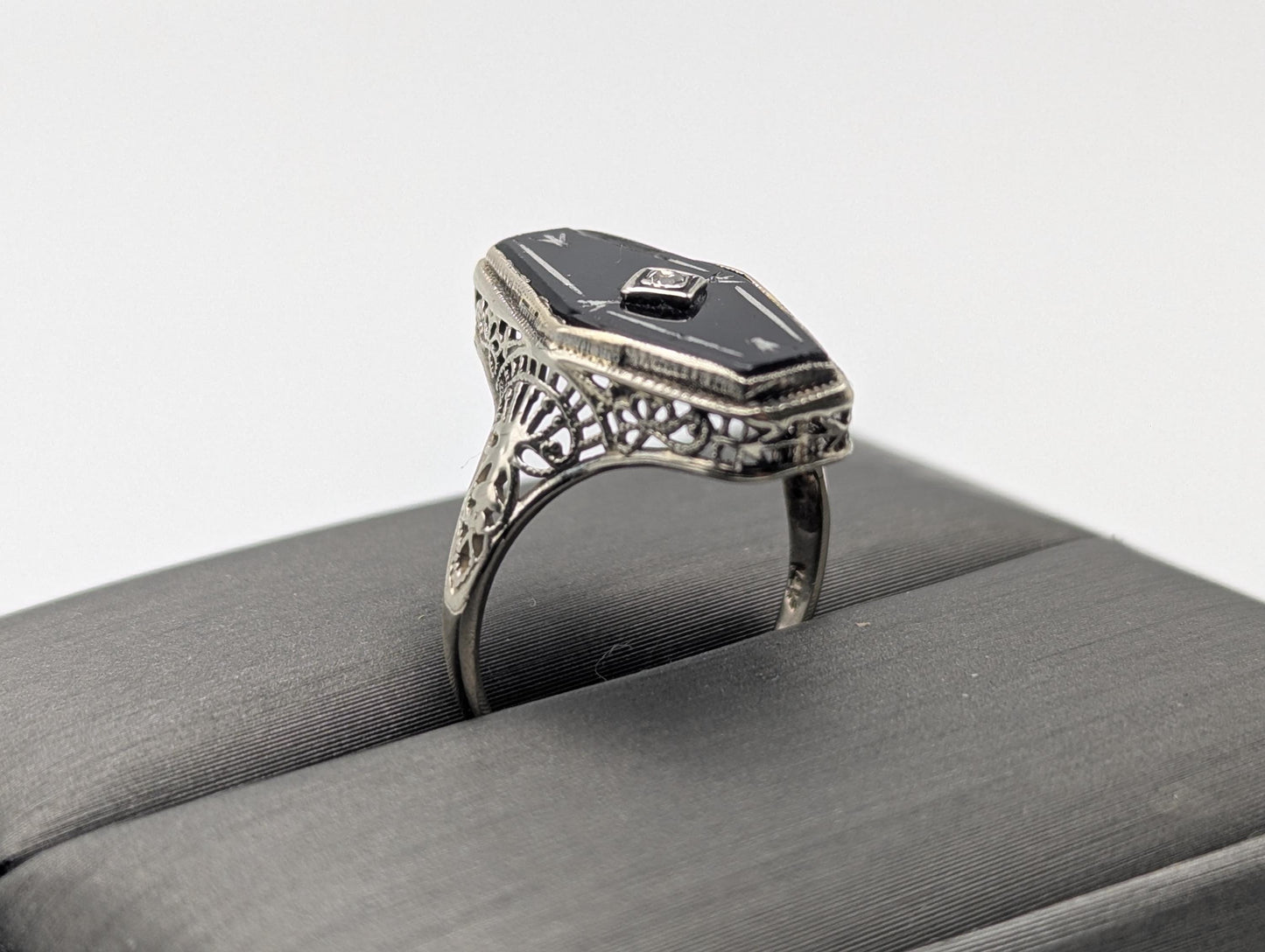 Vintage 14k White Gold Art Deco Black Onyx Diamond Ring Midnight Statement Ring