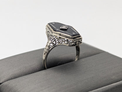 Vintage 14k White Gold Art Deco Black Onyx Diamond Ring Midnight Statement Ring