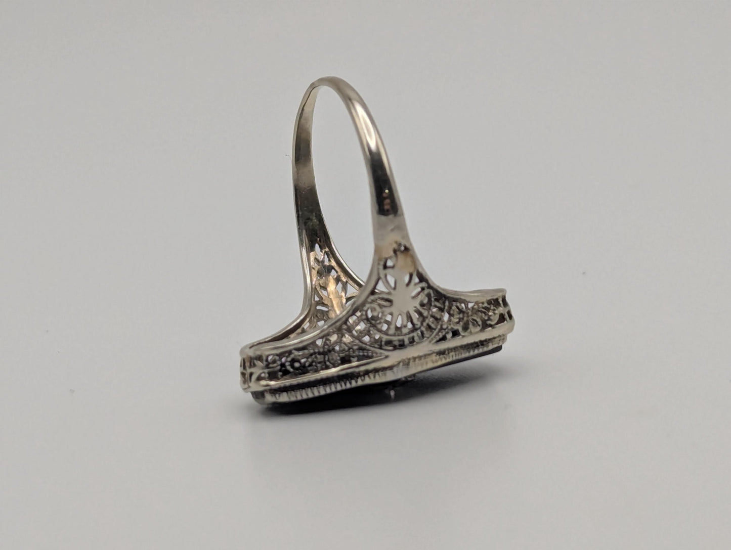 Vintage 14k White Gold Art Deco Black Onyx Diamond Ring Midnight Statement Ring