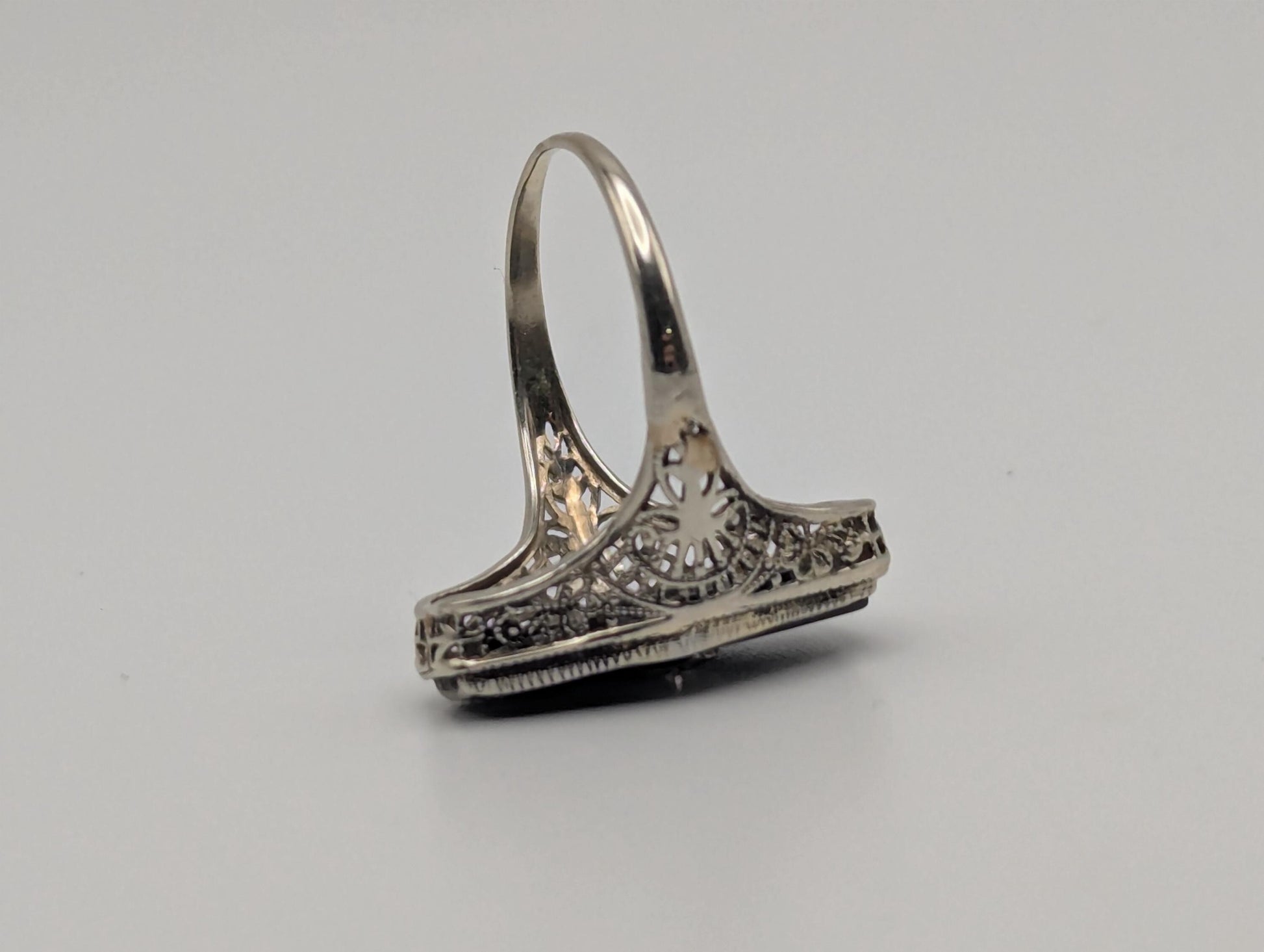 Vintage 14k White Gold Art Deco Black Onyx Diamond Ring Midnight Statement Ring