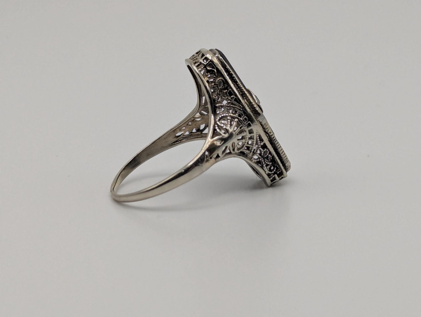 Vintage 14k White Gold Art Deco Black Onyx Diamond Ring Midnight Statement Ring