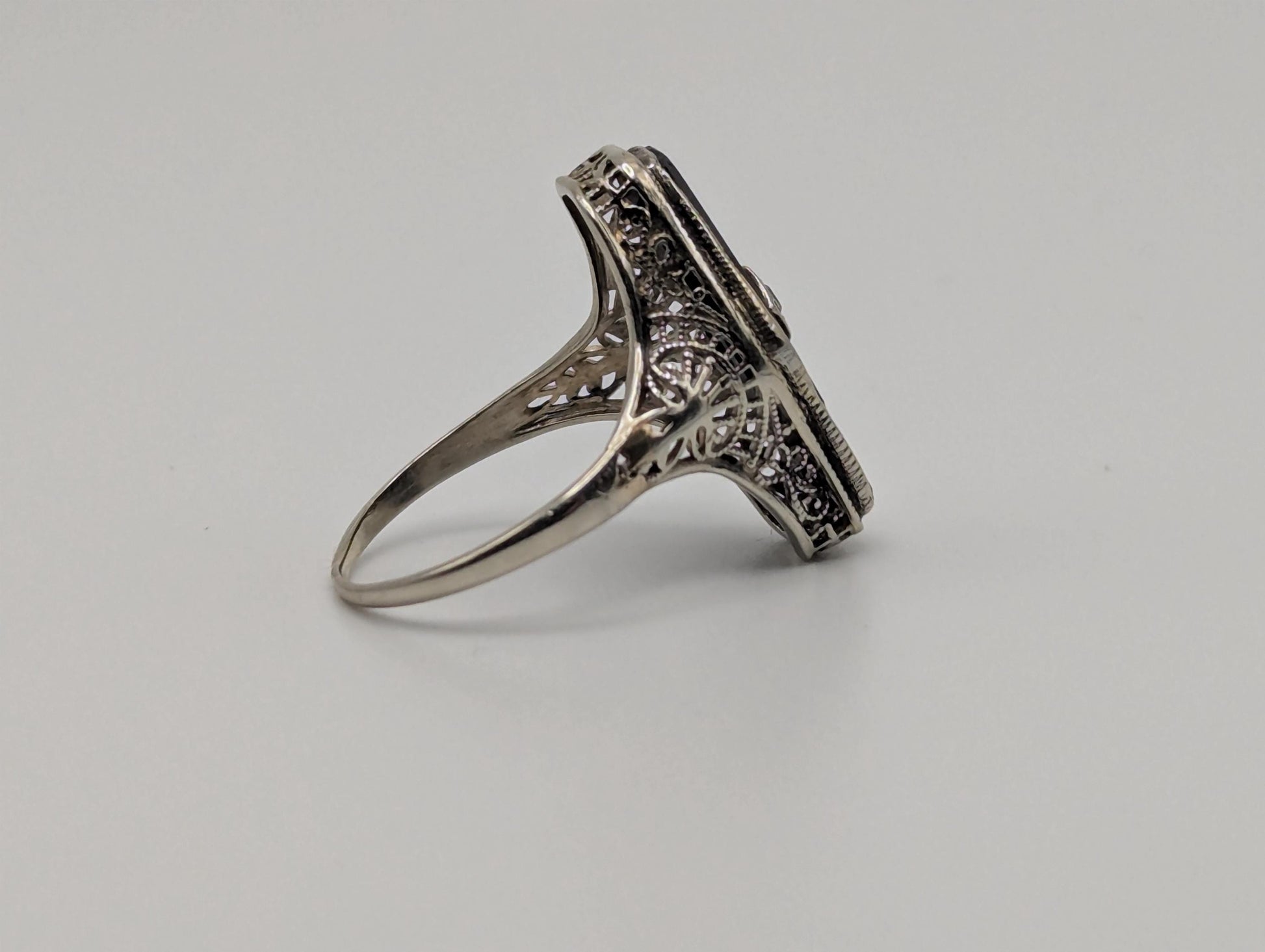 Vintage 14k White Gold Art Deco Black Onyx Diamond Ring Midnight Statement Ring