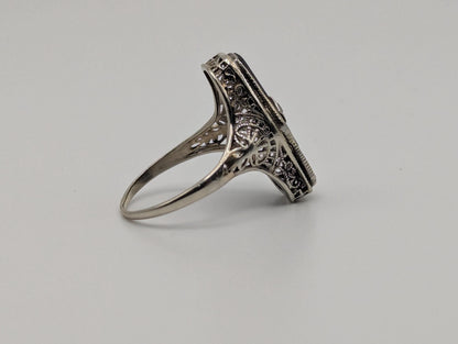 Vintage 14k White Gold Art Deco Black Onyx Diamond Ring Midnight Statement Ring