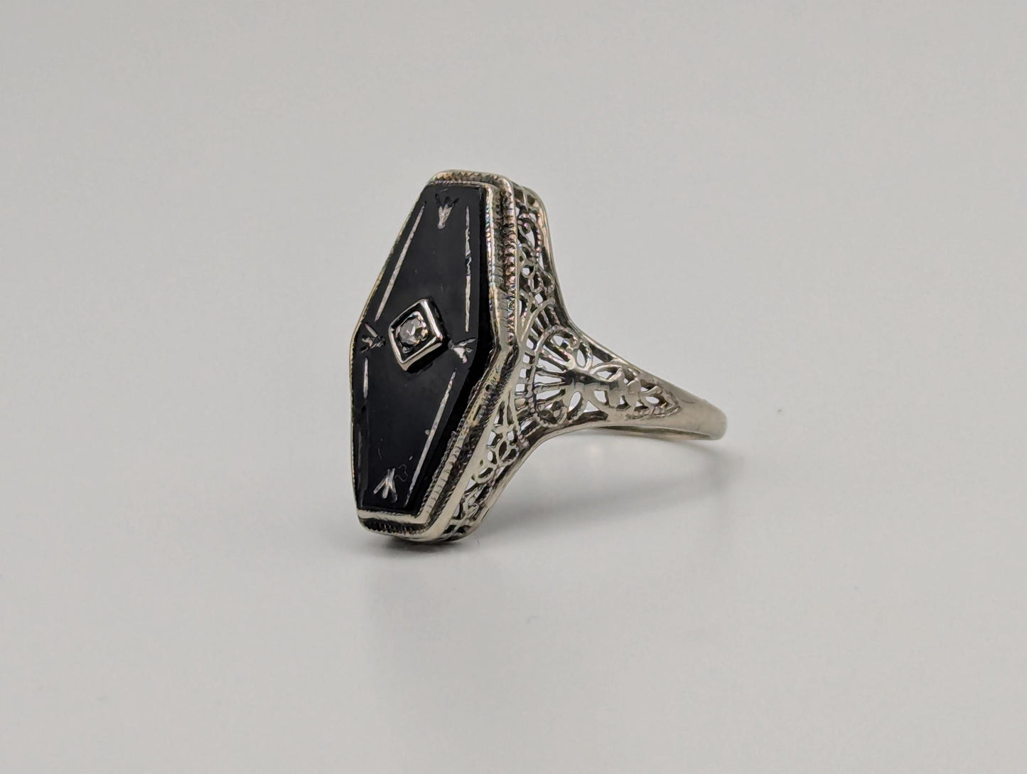 Vintage 14k White Gold Art Deco Black Onyx Diamond Ring Midnight Statement Ring