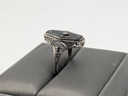 Vintage 14k White Gold Art Deco Black Onyx Diamond Ring Midnight Statement Ring