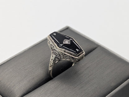 Vintage 14k White Gold Art Deco Black Onyx Diamond Ring Midnight Statement Ring