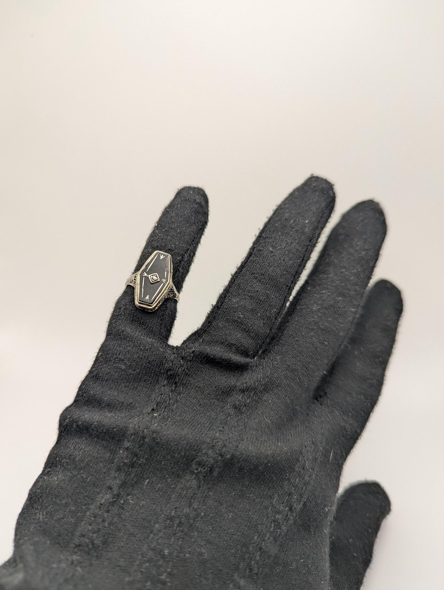 Vintage 14k White Gold Art Deco Black Onyx Diamond Ring Midnight Statement Ring